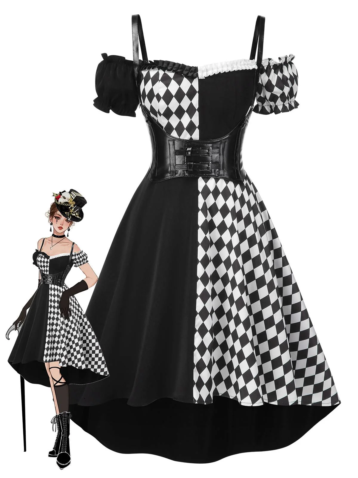 Black 1950s Halloween Harlequin Pattern Dress & Leather Corset