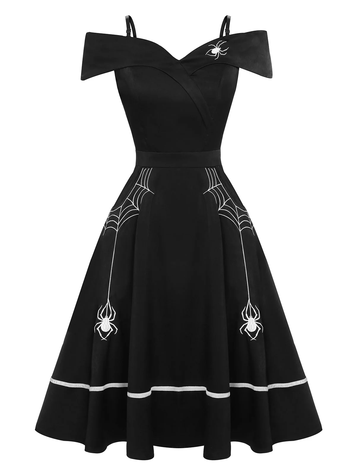Black 1950s Halloween Off-Shoulder Spider Web Dress - Image 2
