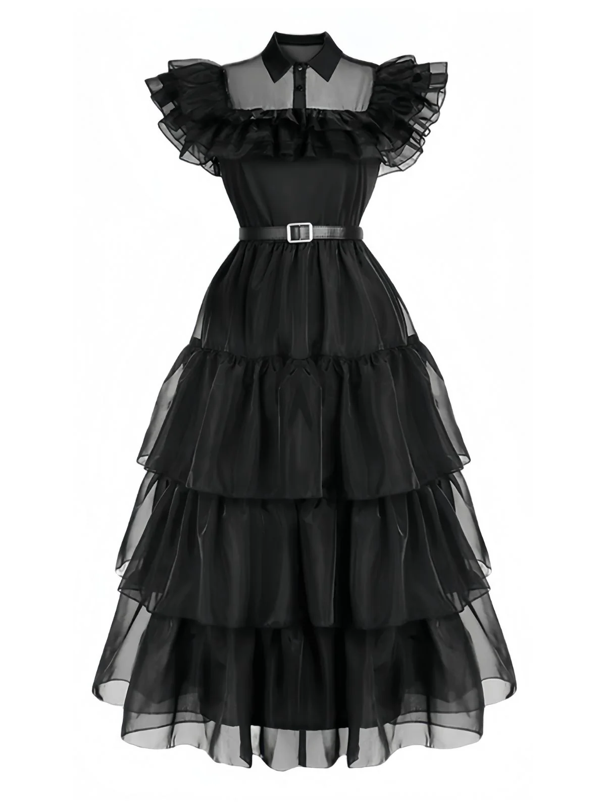 Black 1950s Halloween Organza Ruffled Lapel Dress