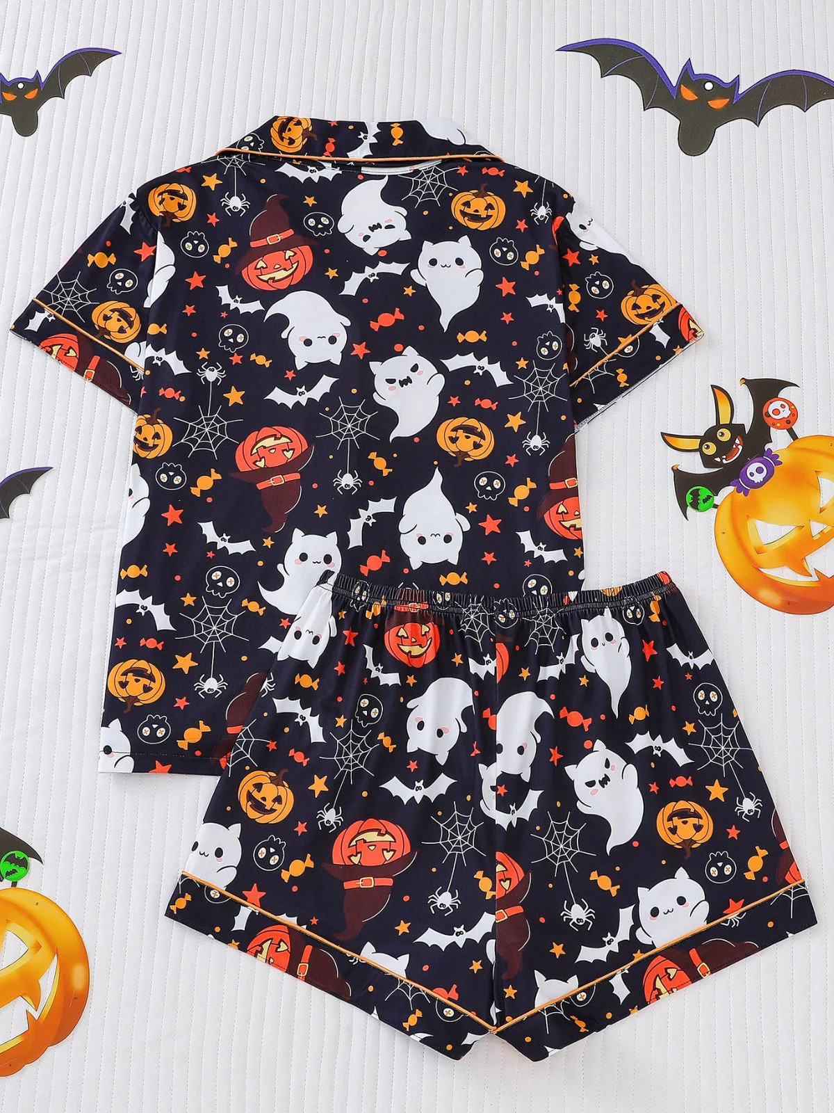 Black 1950s Halloween Print Notched Collar Pajama Set - Image 2