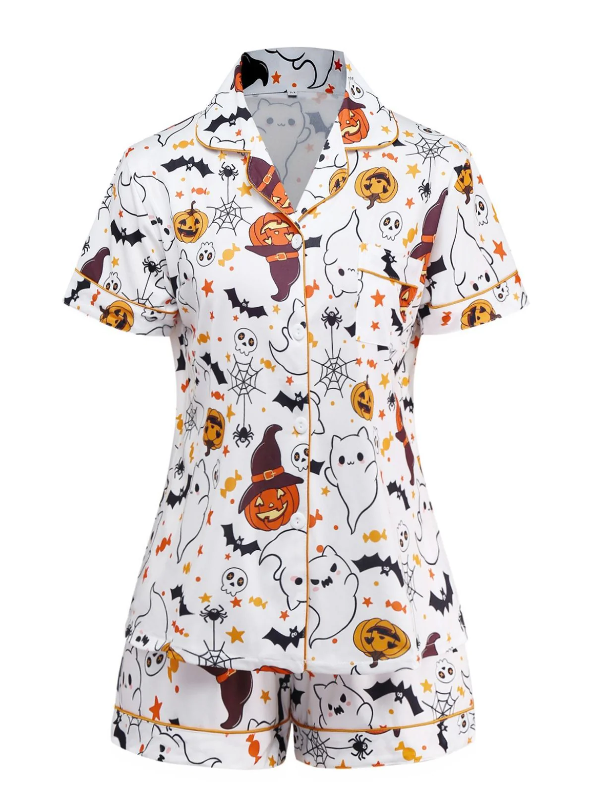 Black 1950s Halloween Print Notched Collar Pajama Set - Image 5