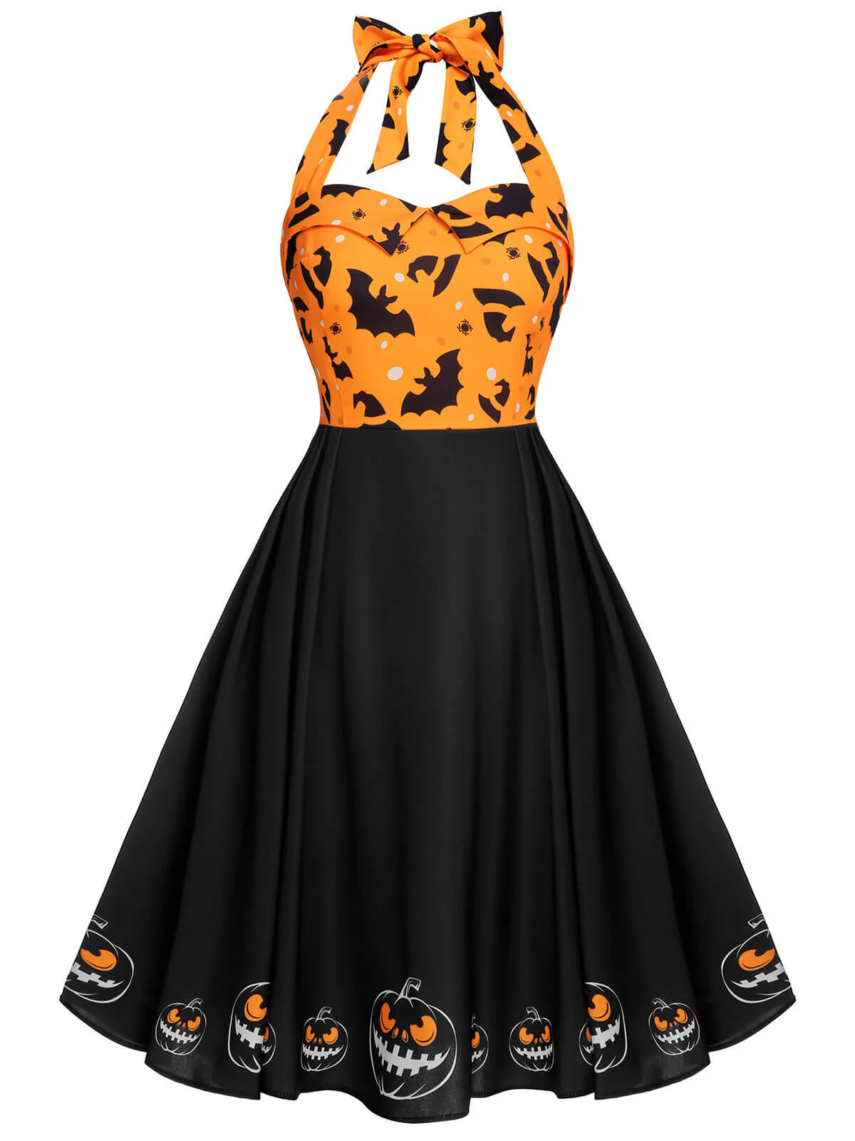 Black 1950s Halloween Pumpkin Bat Halter Dress - Image 3