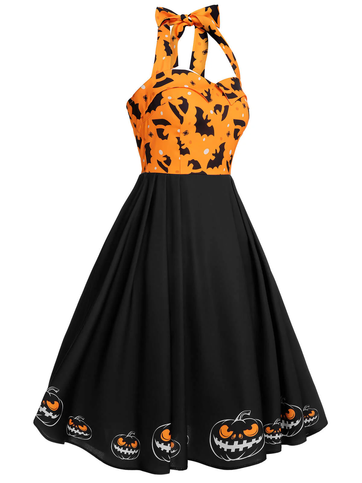 Black 1950s Halloween Pumpkin Bat Halter Dress - Image 4