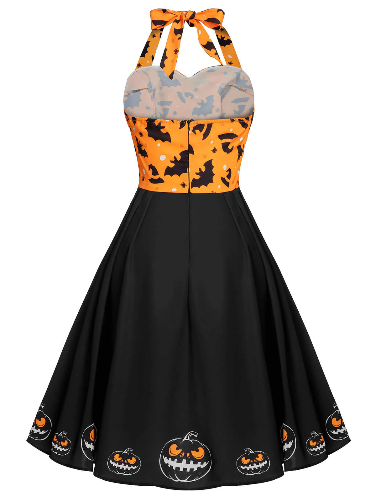 Black 1950s Halloween Pumpkin Bat Halter Dress - Image 5