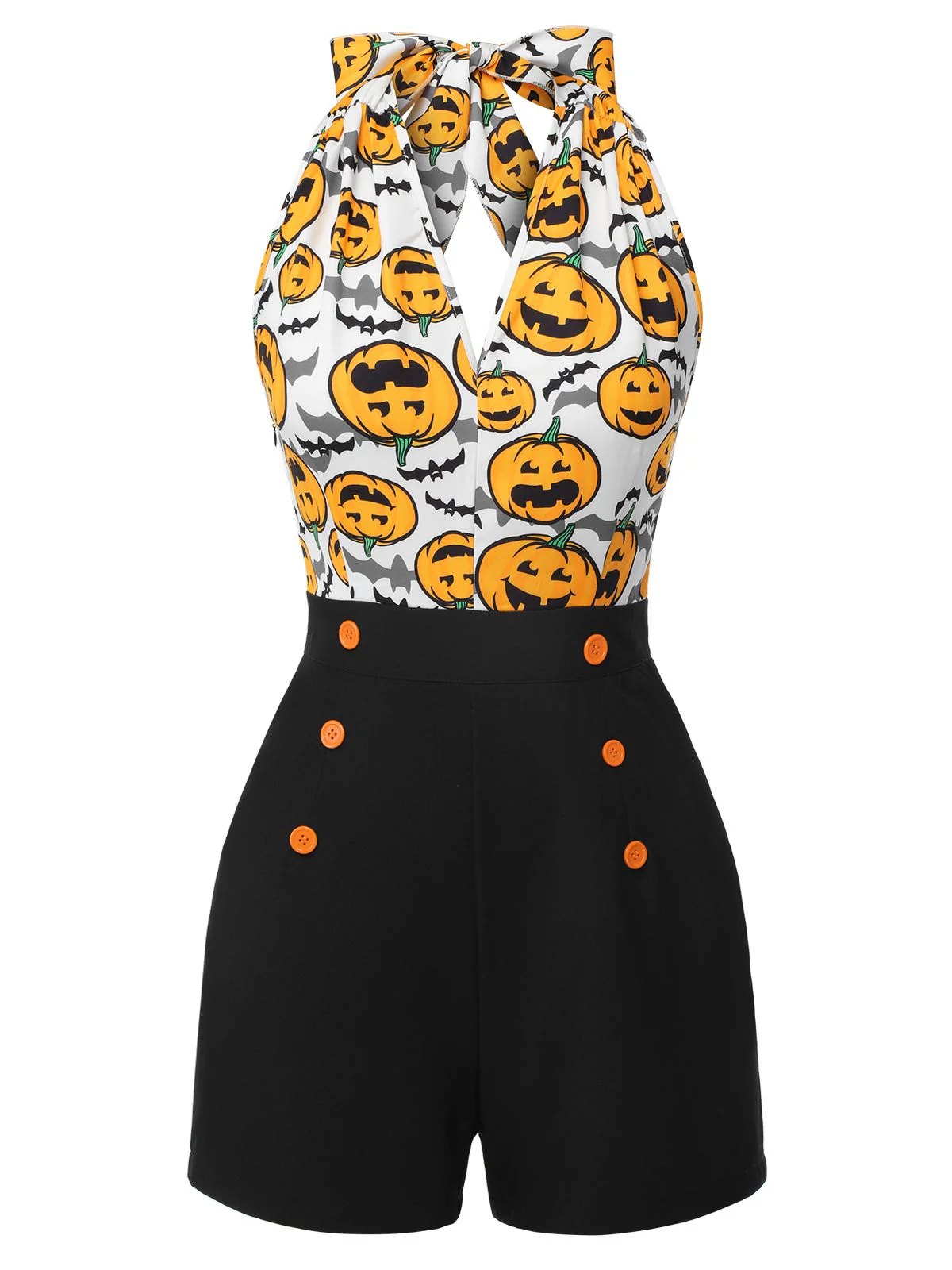 Black 1950s Halloween Pumpkin Halter Romper - Image 2