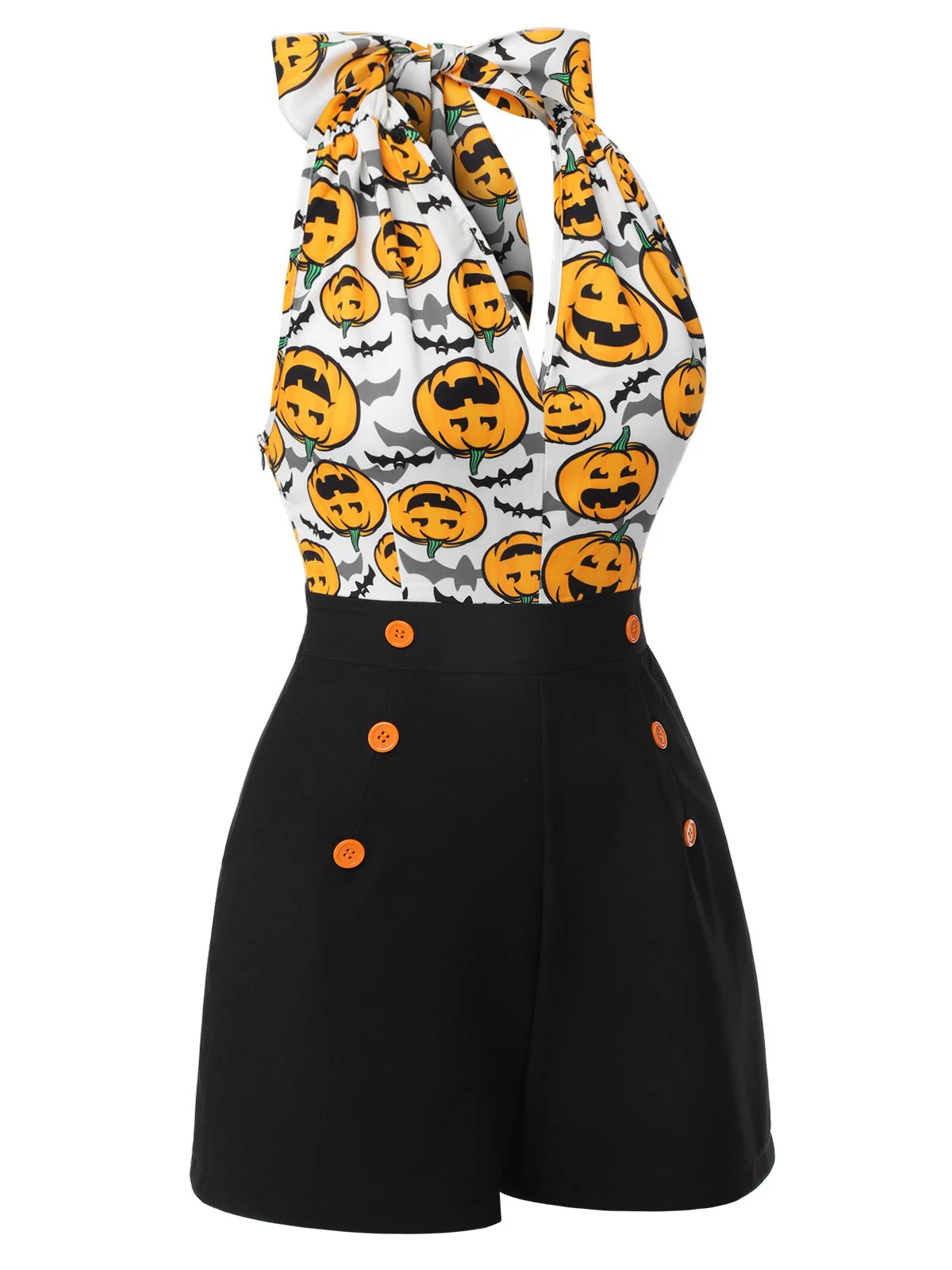 Black 1950s Halloween Pumpkin Halter Romper - Image 3