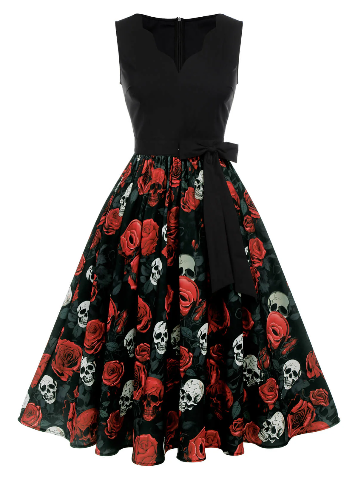Black 1950s Halloween Skull Rose Sleeveless Dress - Image 2
