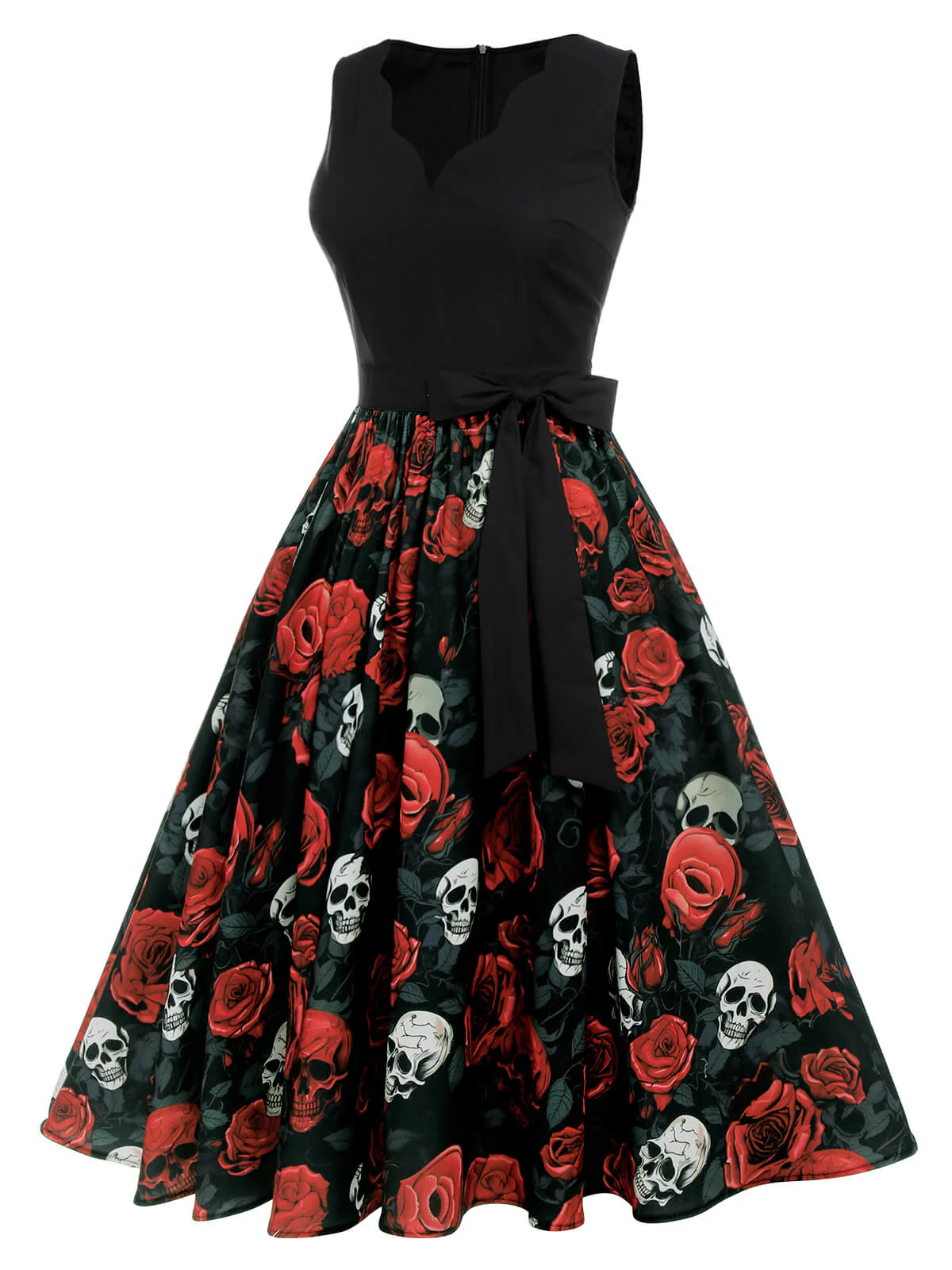 Black 1950s Halloween Skull Rose Sleeveless Dress - Image 3