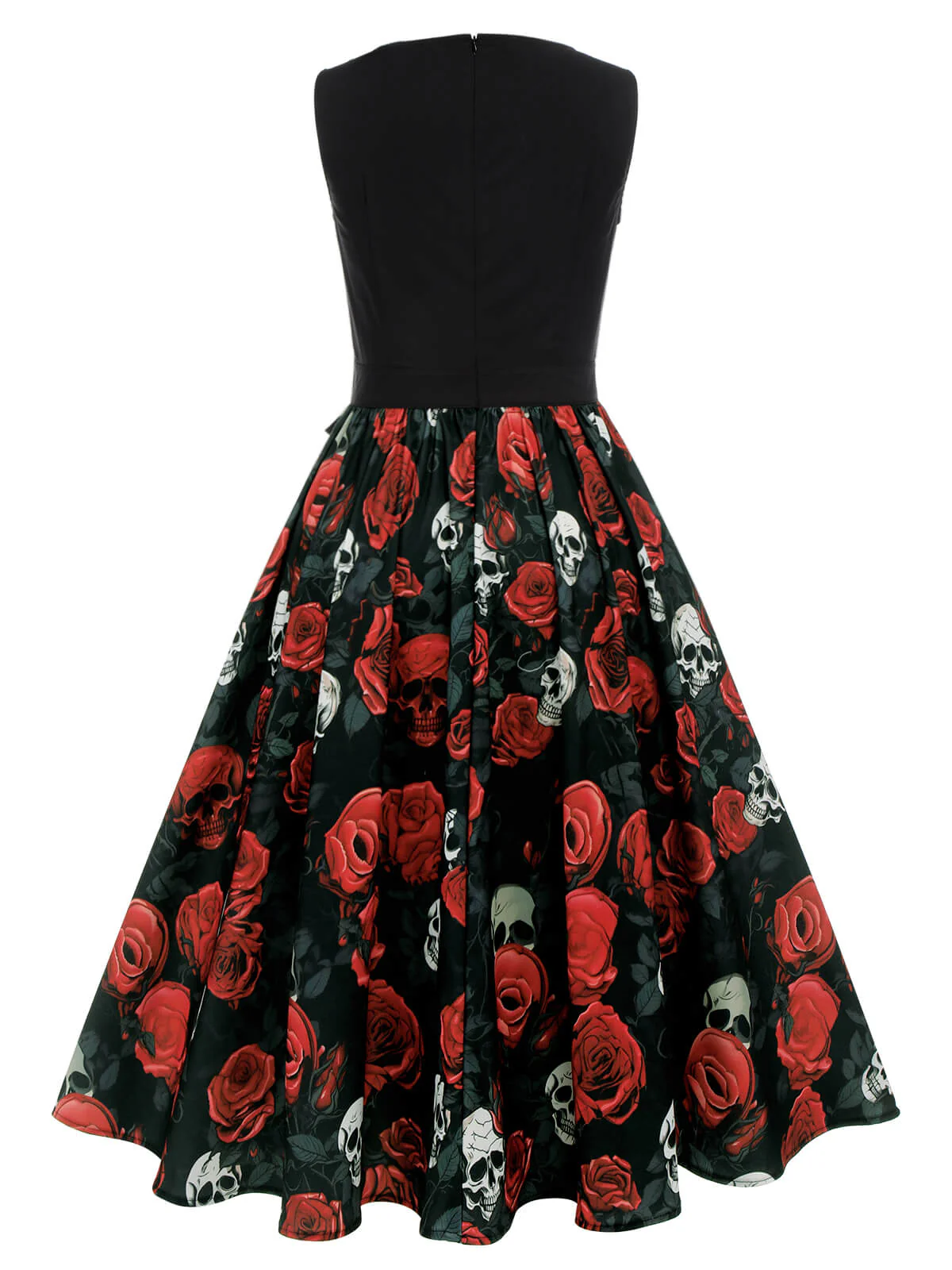 Black 1950s Halloween Skull Rose Sleeveless Dress - Image 4
