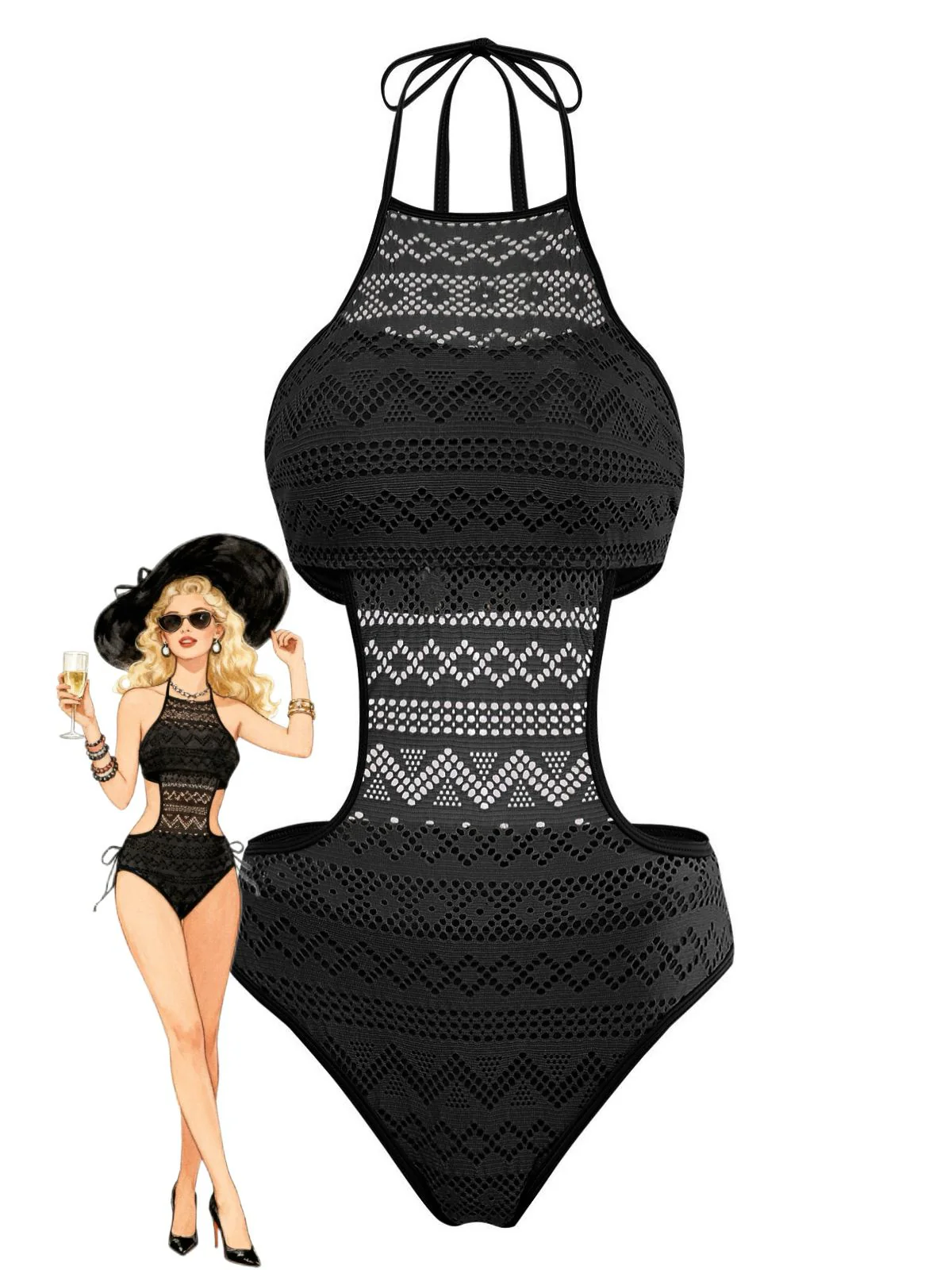 1950s Halter Cut-Out Solid One-Piece Swimsuit - Image 7
