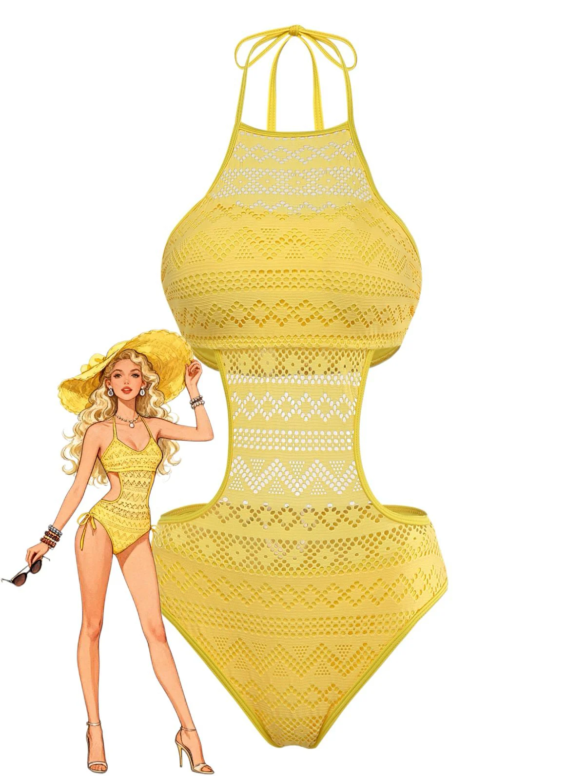 1950s Halter Cut-Out Solid One-Piece Swimsuit