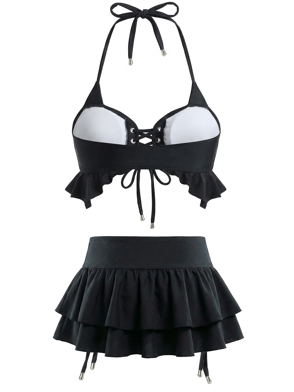 Black 1950s Halter Lace Up Bikini Set & Tiered Cover Up - Image 2
