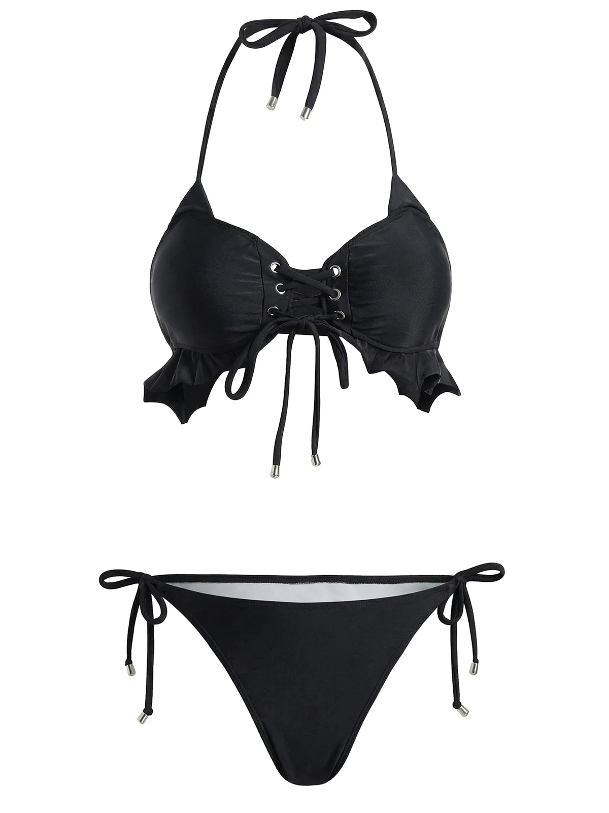 Black 1950s Halter Lace Up Ruffle Hem Bikini Set