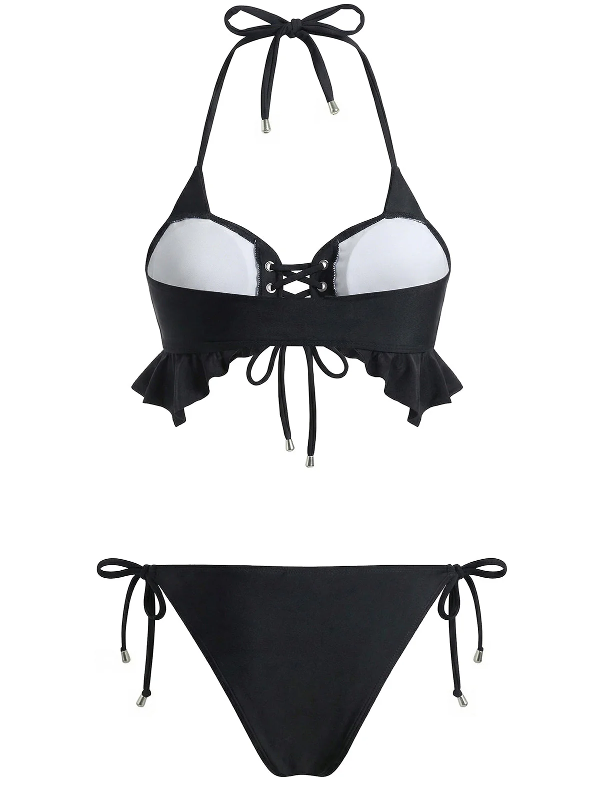Black 1950s Halter Lace Up Ruffle Hem Bikini Set - Image 2