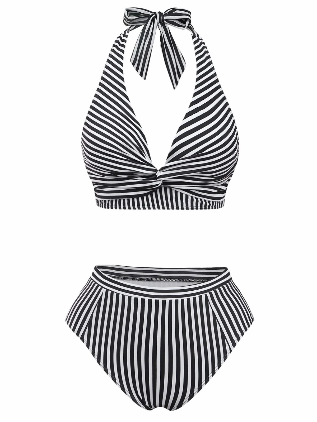 Black 1950s Halter Stripe Knotted Tankini Set