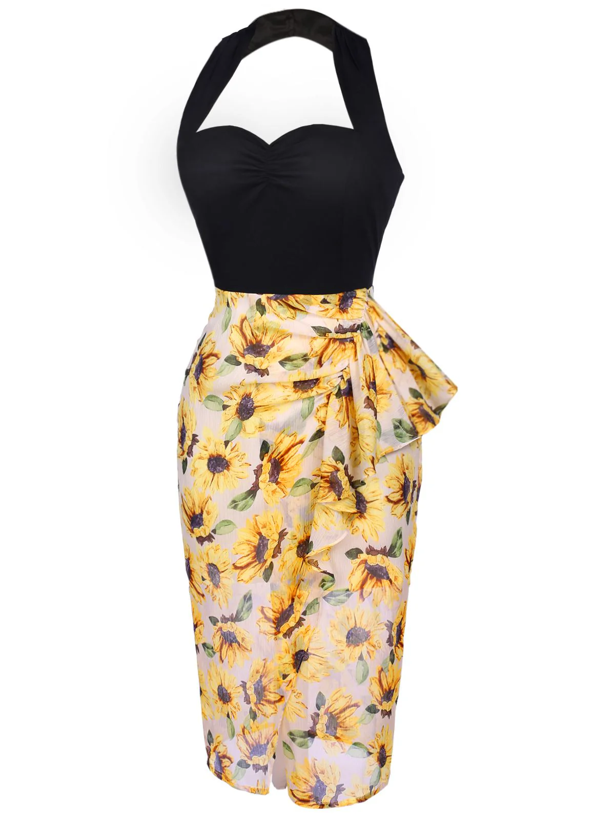 Black 1960s Halter Sunflower Pencil Dress - Image 3