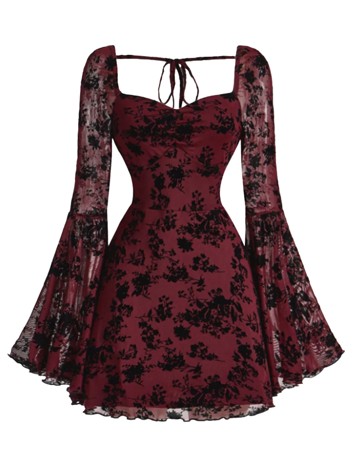 Black 1950s Lace Floral Bishop Sleeves Dress - Image 8