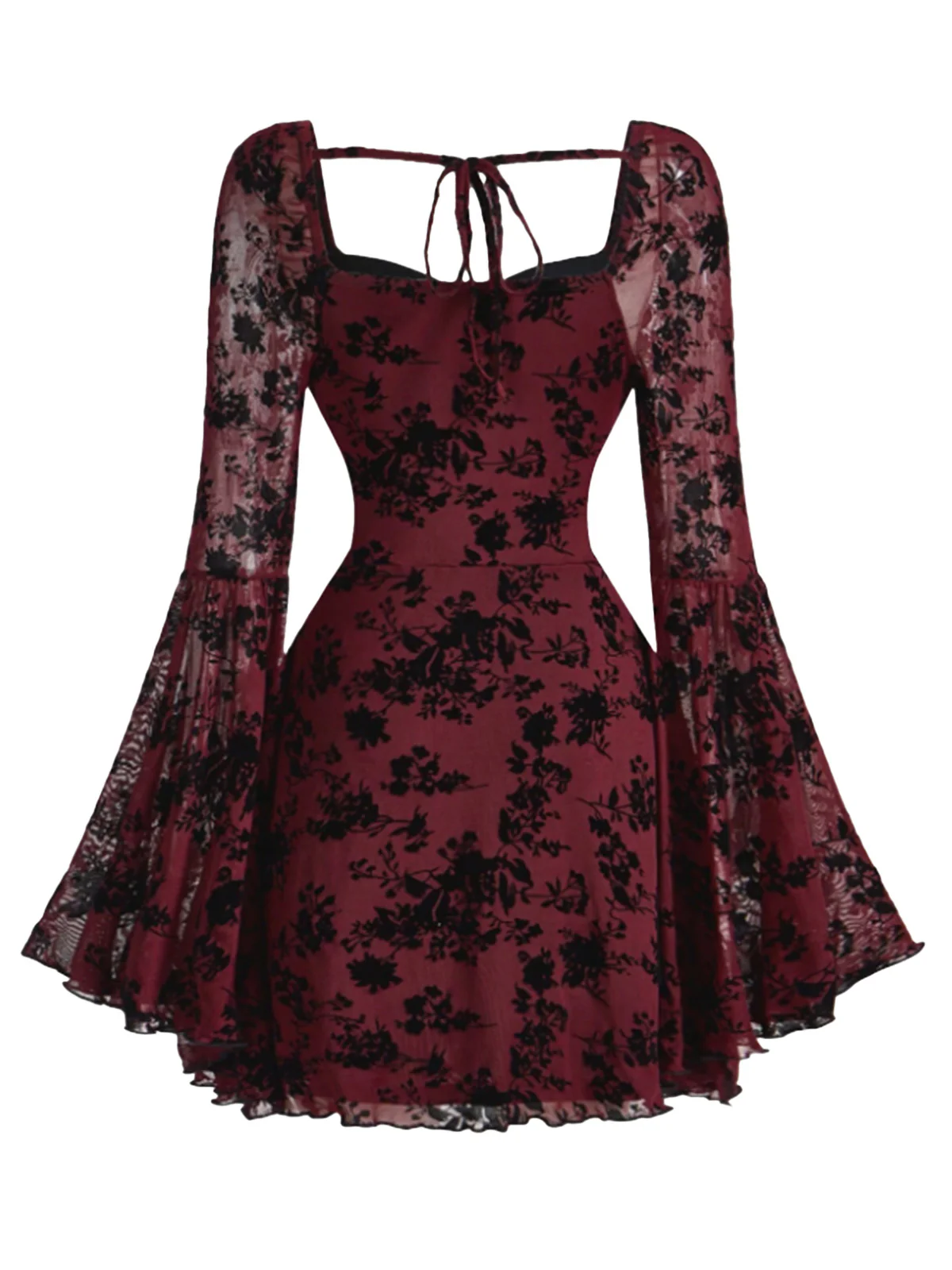 Black 1950s Lace Floral Bishop Sleeves Dress - Image 9