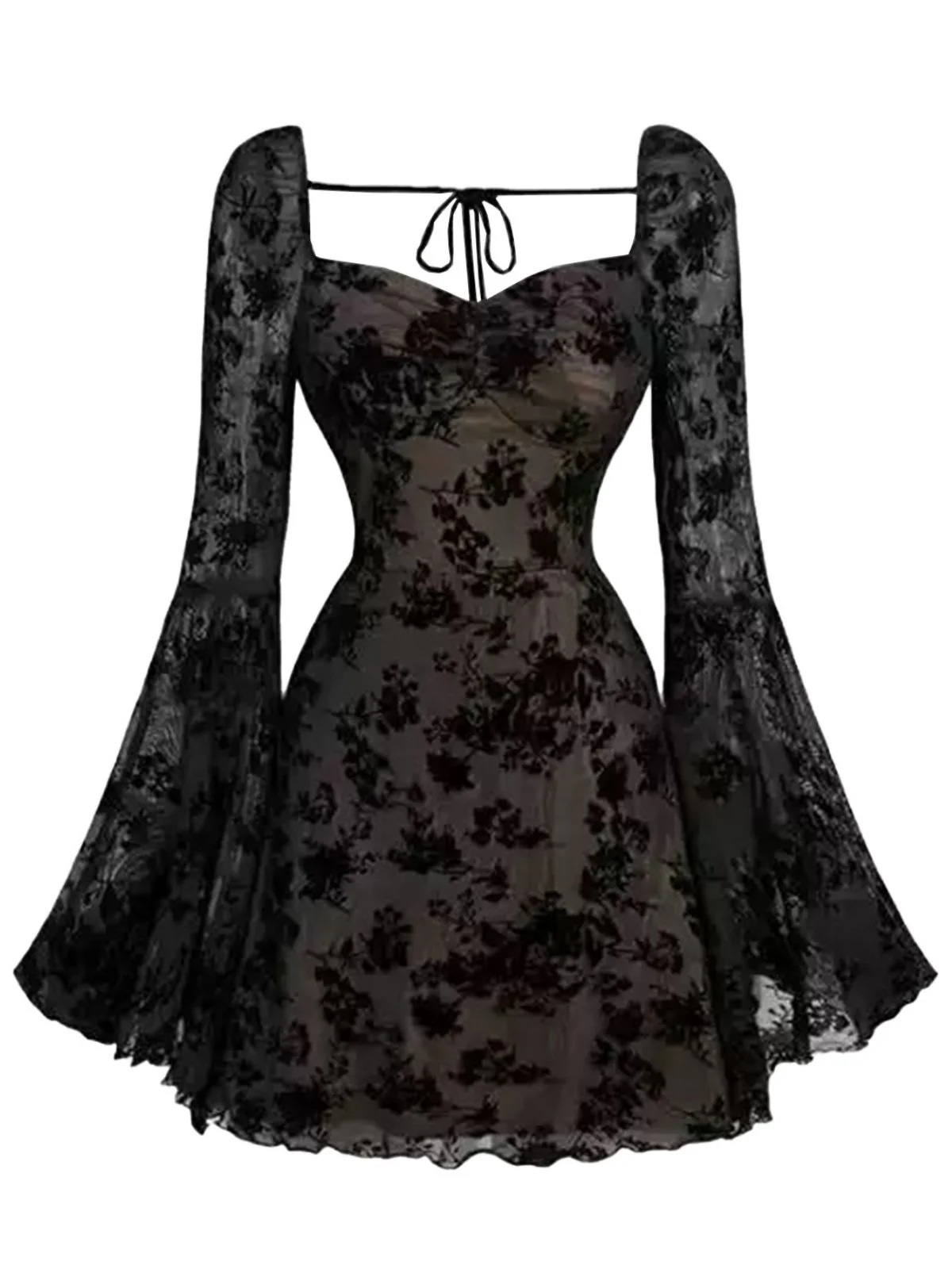 Black 1950s Lace Floral Bishop Sleeves Dress - Image 4