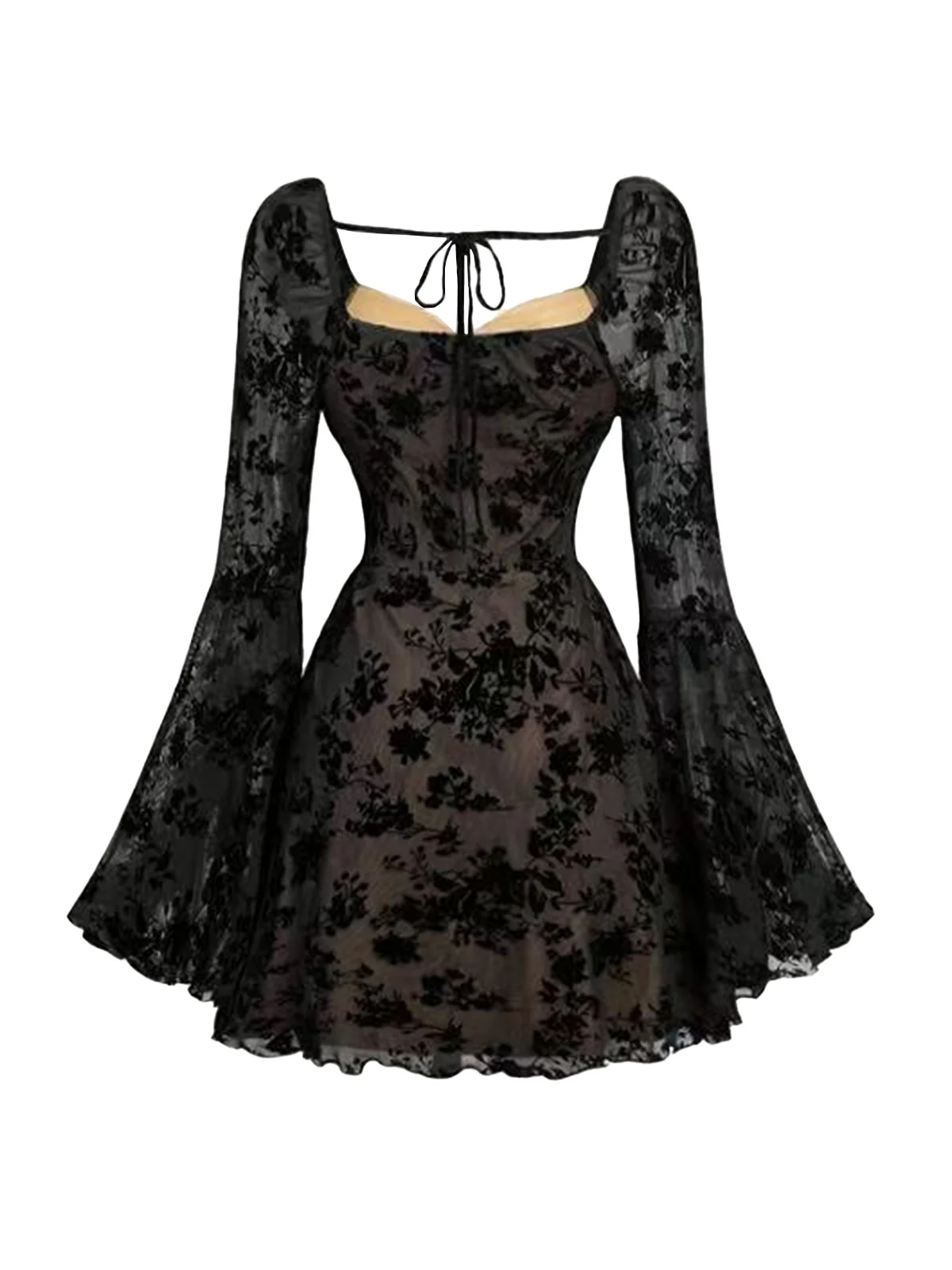 Black 1950s Lace Floral Bishop Sleeves Dress - Image 5
