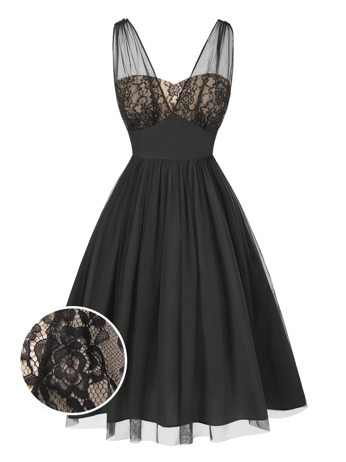 Black 1950s Lace Floral Mesh Swing Dress - Image 3