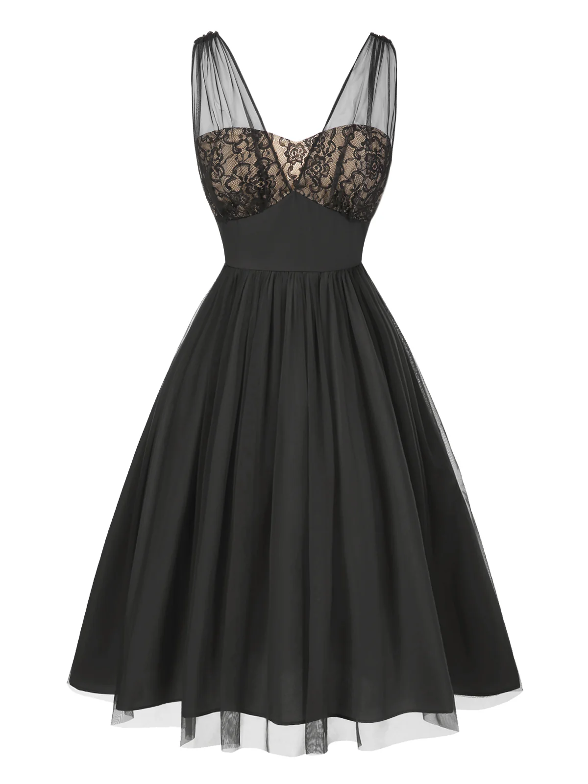 Black 1950s Lace Floral Mesh Swing Dress - Image 4