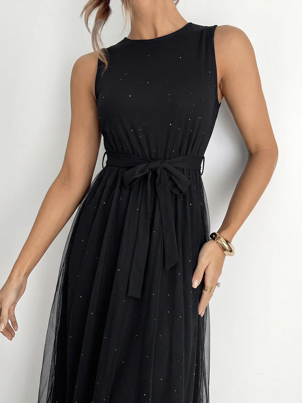 Black 1950s Mesh Patchwork Sequins Sleeveless Dress - Image 6