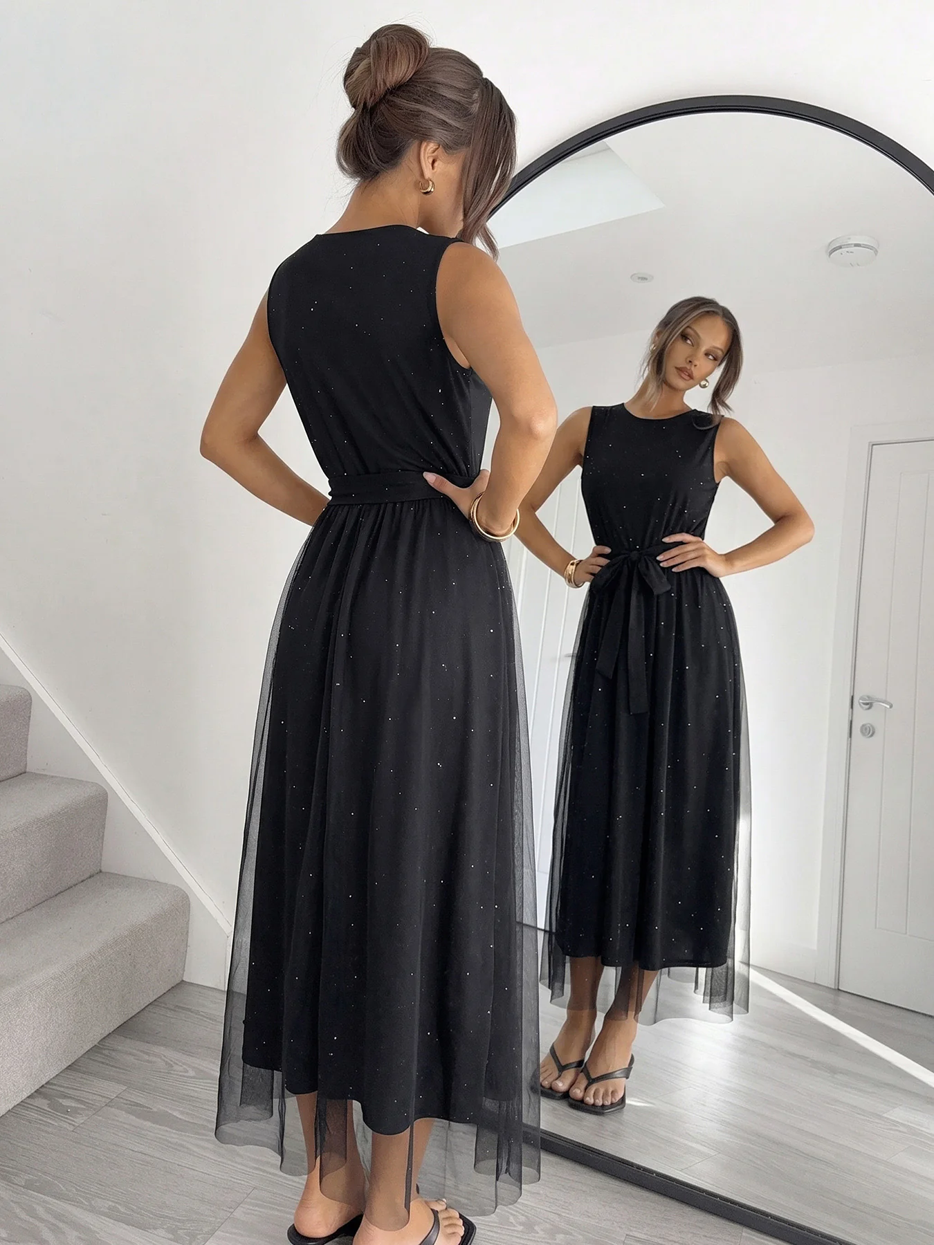 Black 1950s Mesh Patchwork Sequins Sleeveless Dress - Image 7