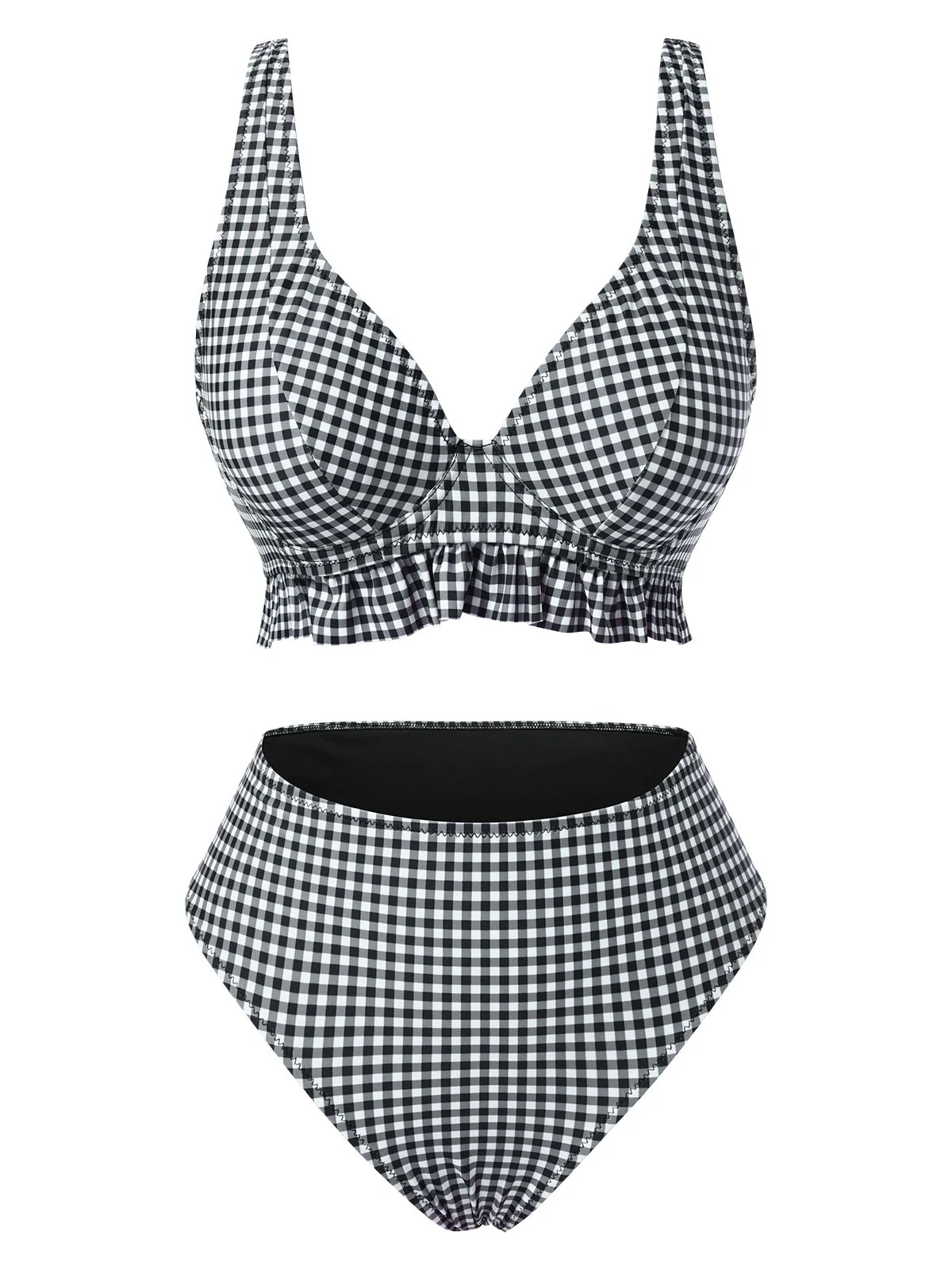 Black 1950s Plaid Deep V-Neck Ruffled Bikini Set