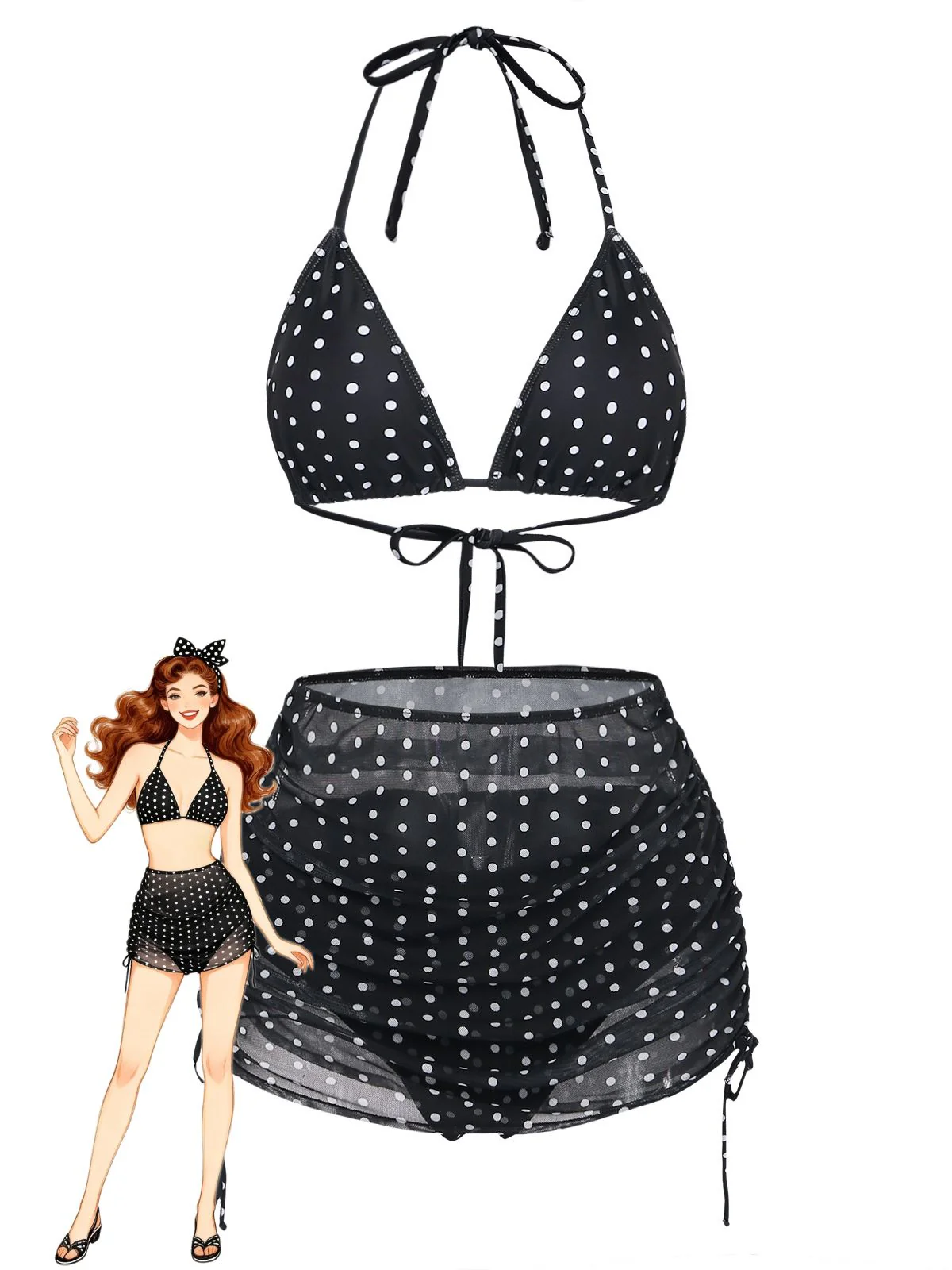 Black 1950s Polka Dot Halter Bikini Set & Cover-Up