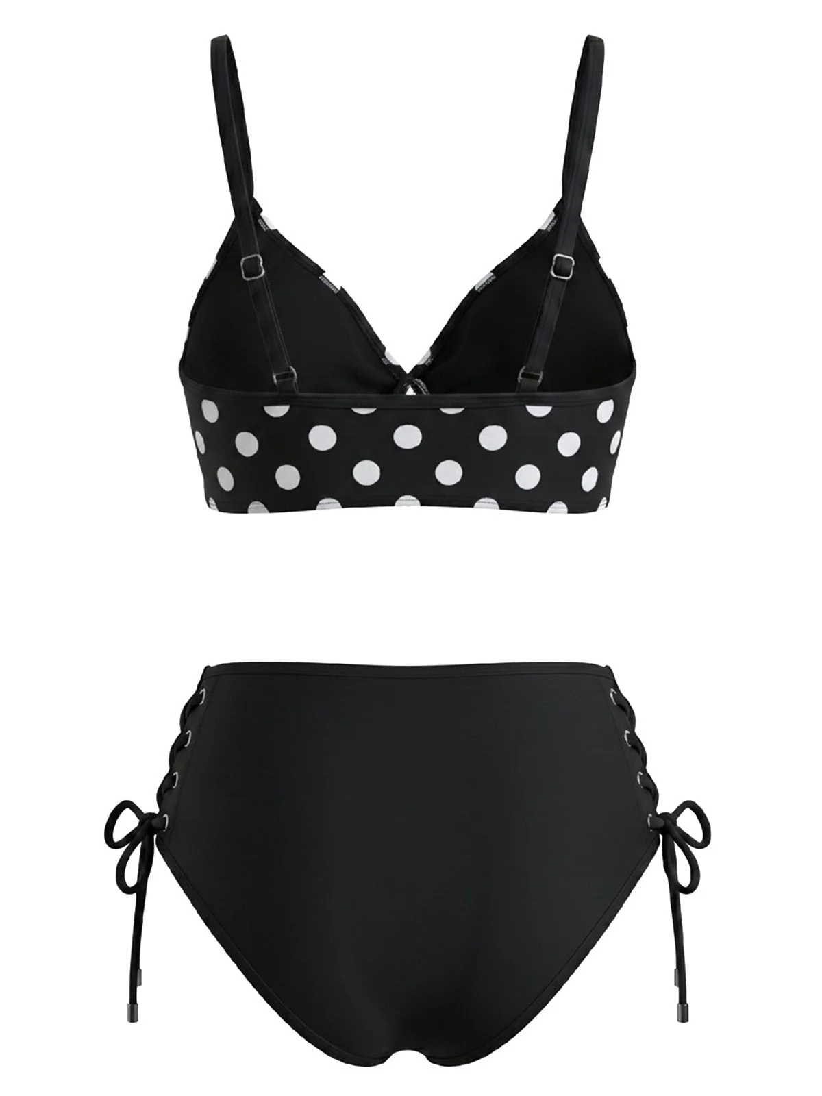 Black 1950s Polka Dot Lace-Up High-Waisted Bikini Set - Image 4