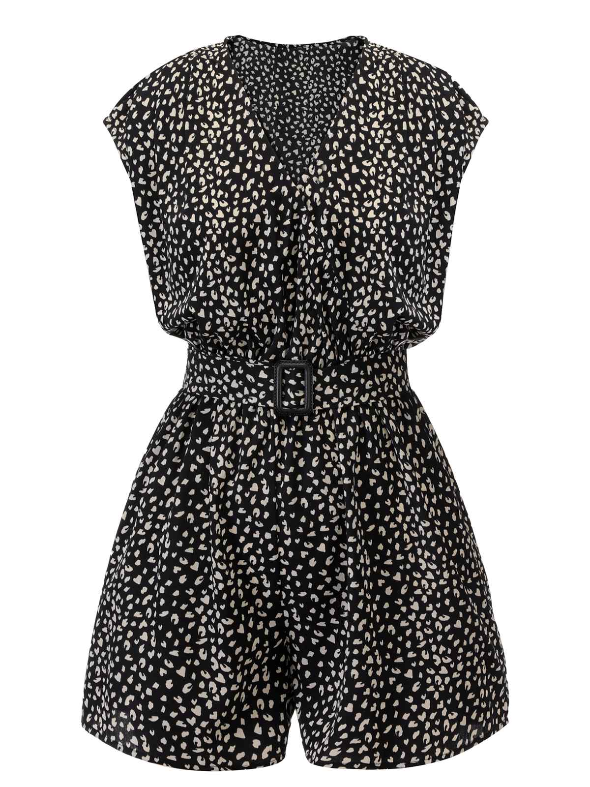 Black 1950s Printed V-Neck Belted Romper - Image 2