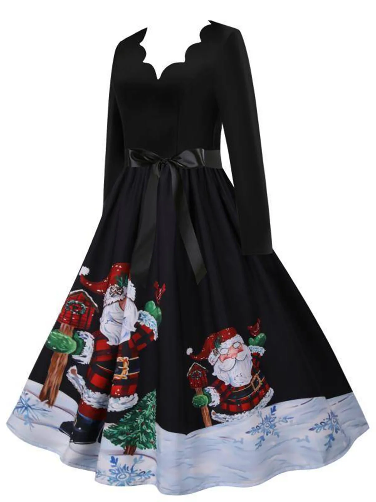 Black 1950s Scalloped Neck Christmas Santa Belted Dress - Image 2