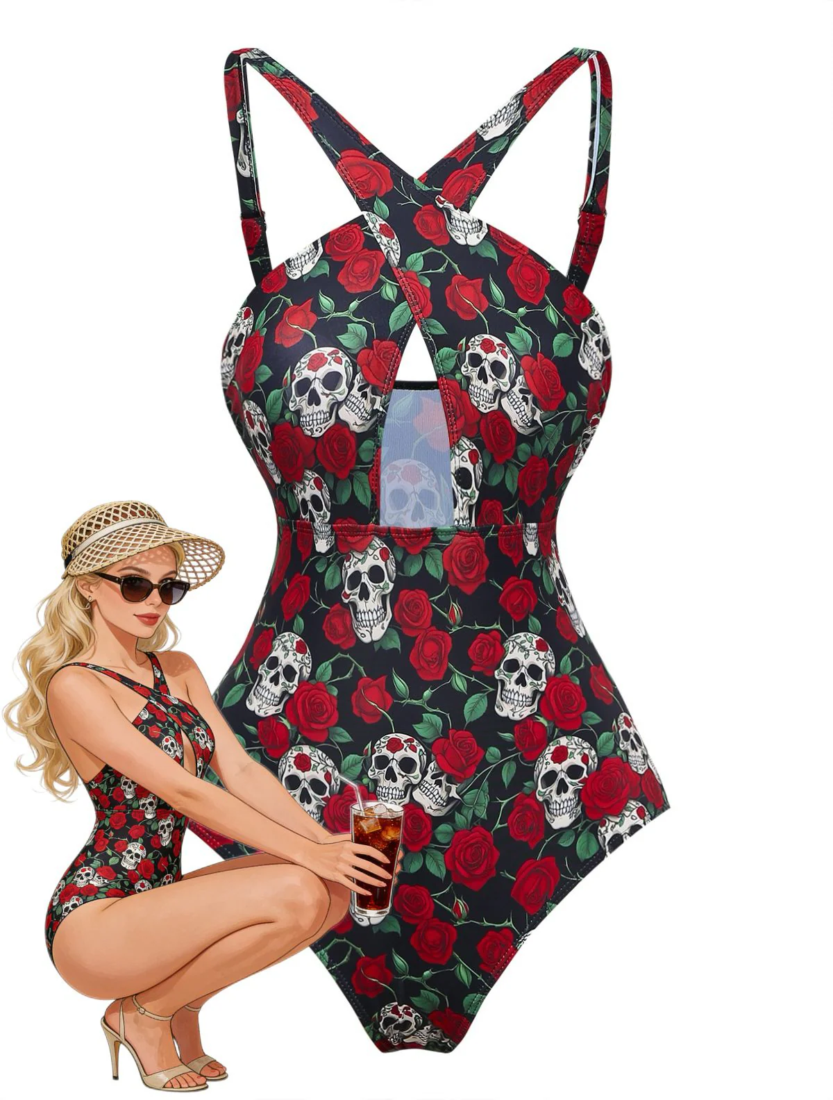 Black 1950s Skeleton Rose Halter Swimsuit