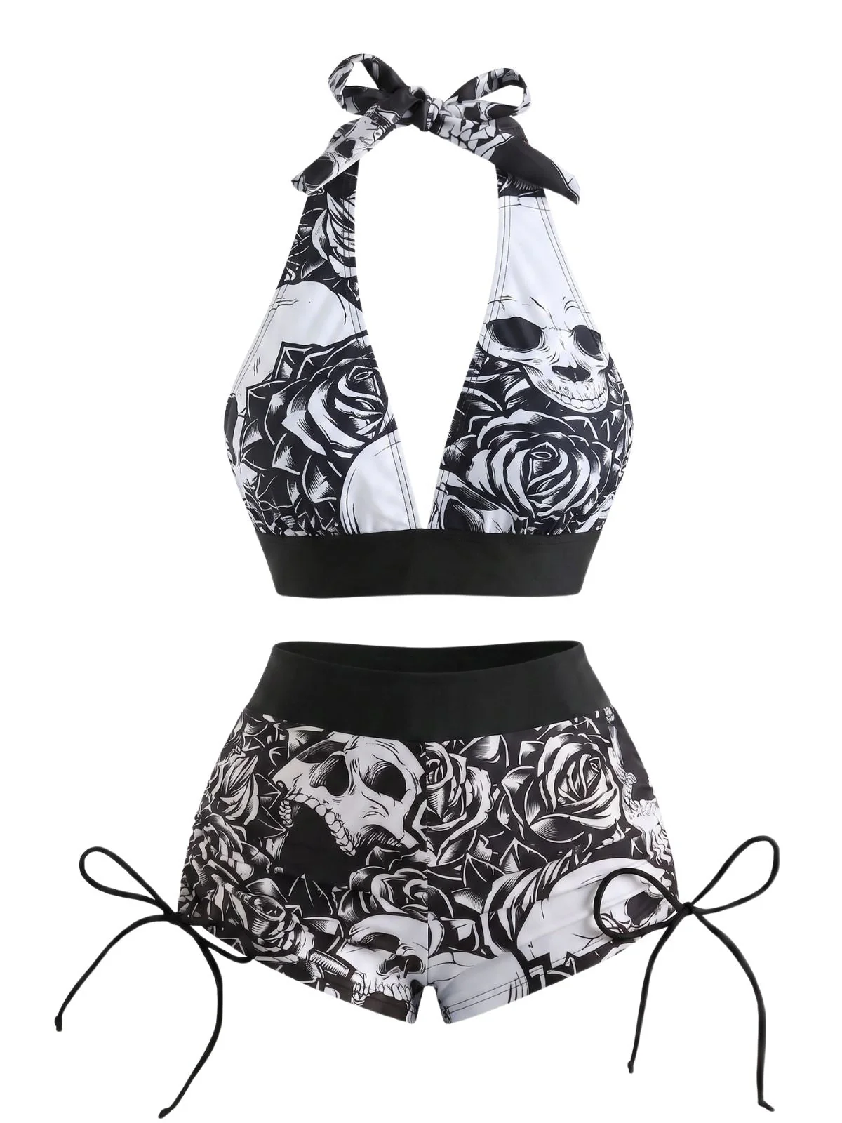 Black 1950s Skull Gothic Halter Bikini Set