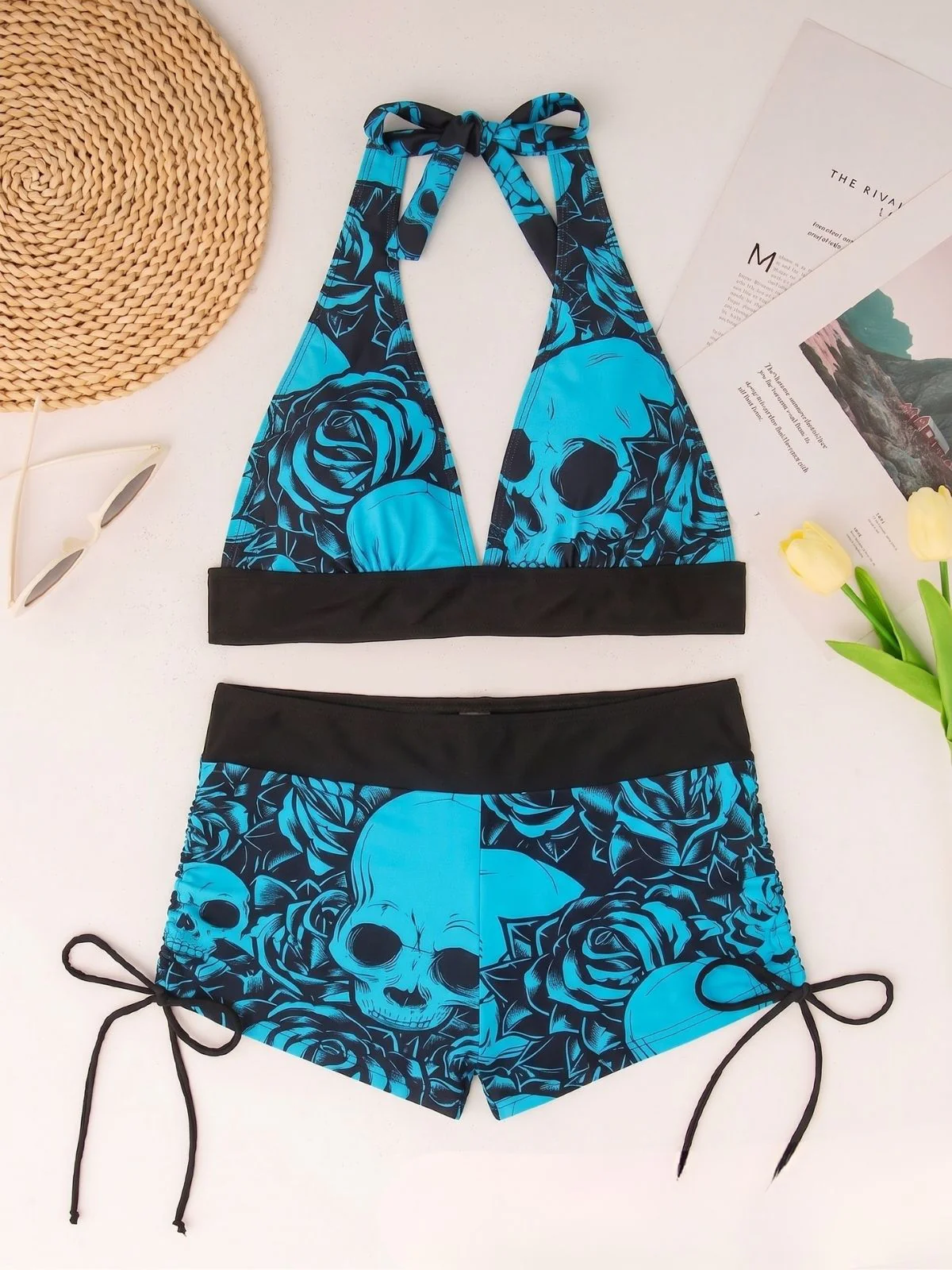 Black 1950s Skull Gothic Halter Bikini Set - Image 10