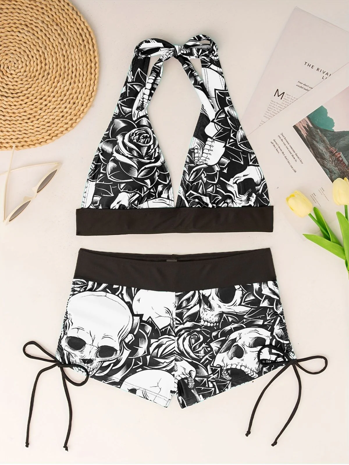 Black 1950s Skull Gothic Halter Bikini Set - Image 3