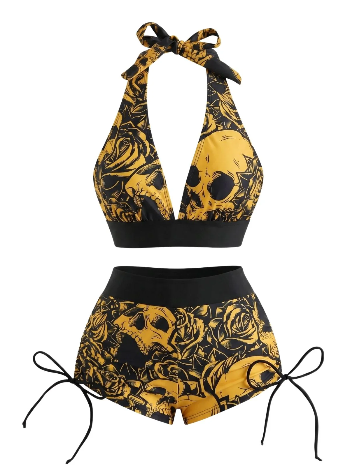 Black 1950s Skull Gothic Halter Bikini Set - Image 4