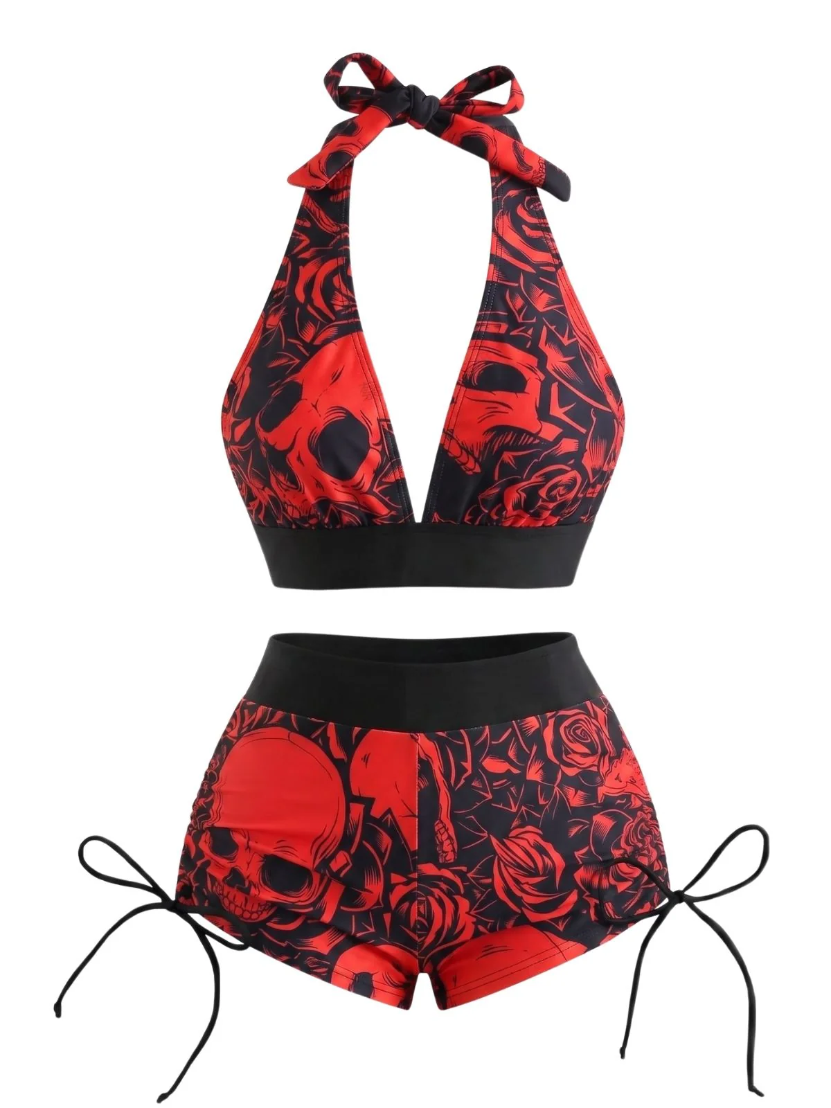 Black 1950s Skull Gothic Halter Bikini Set - Image 5