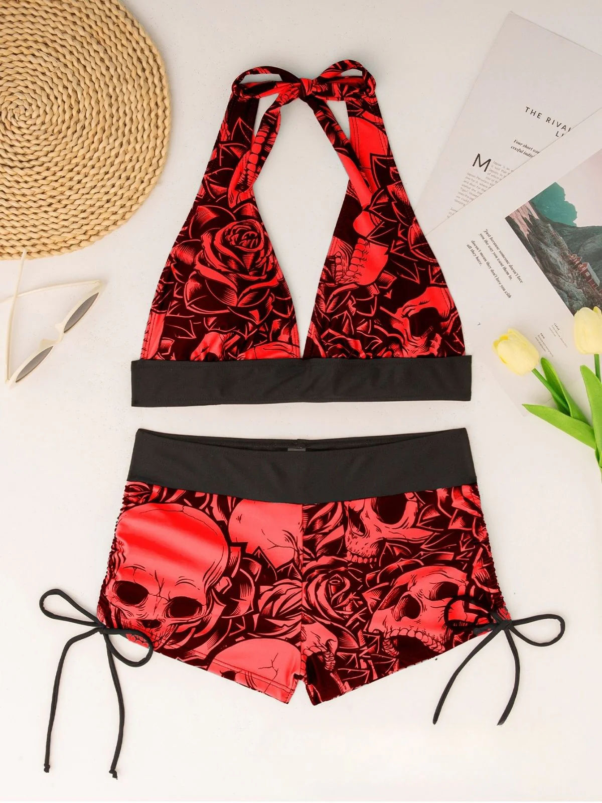 Black 1950s Skull Gothic Halter Bikini Set - Image 7