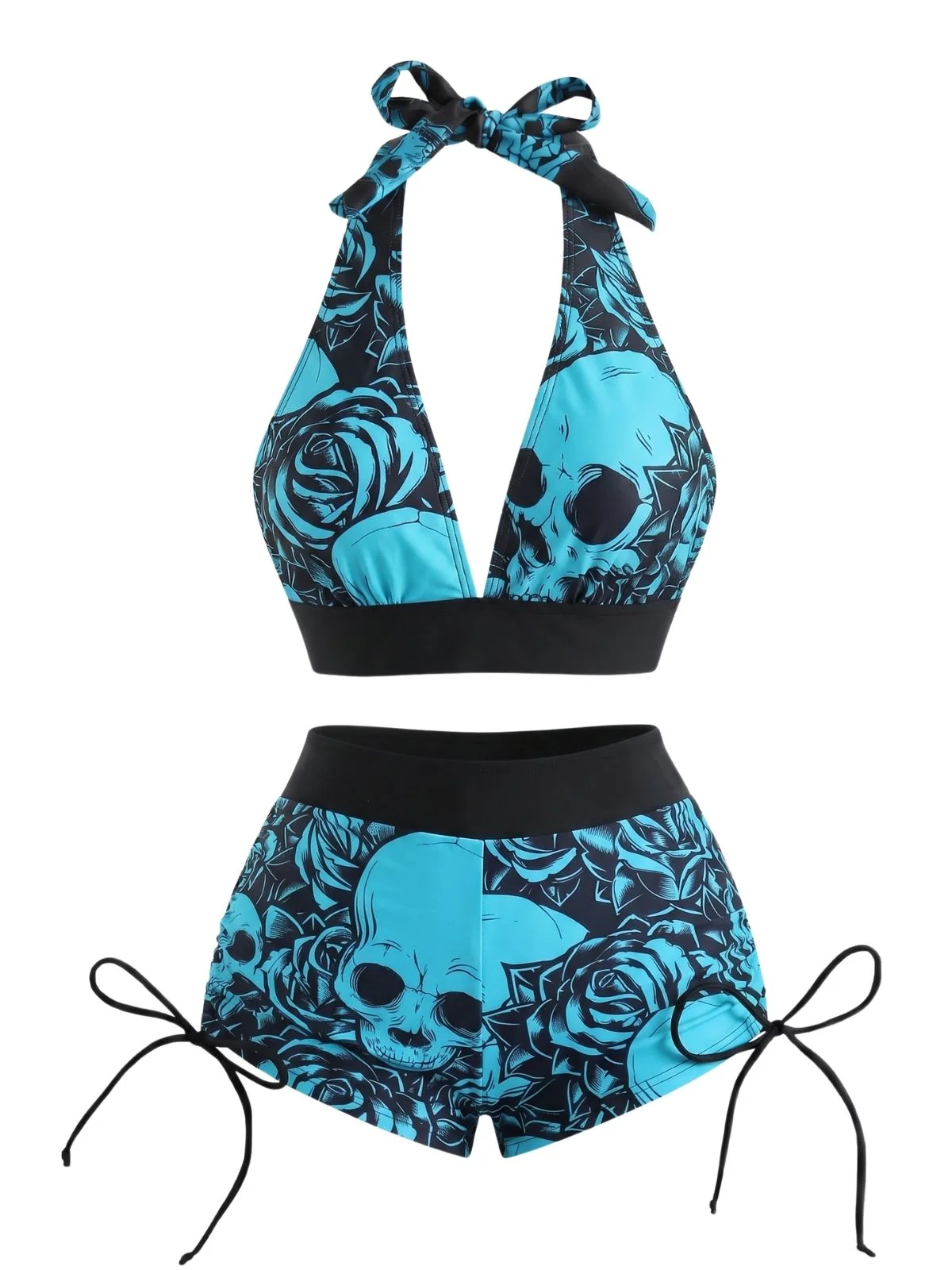 Black 1950s Skull Gothic Halter Bikini Set - Image 8