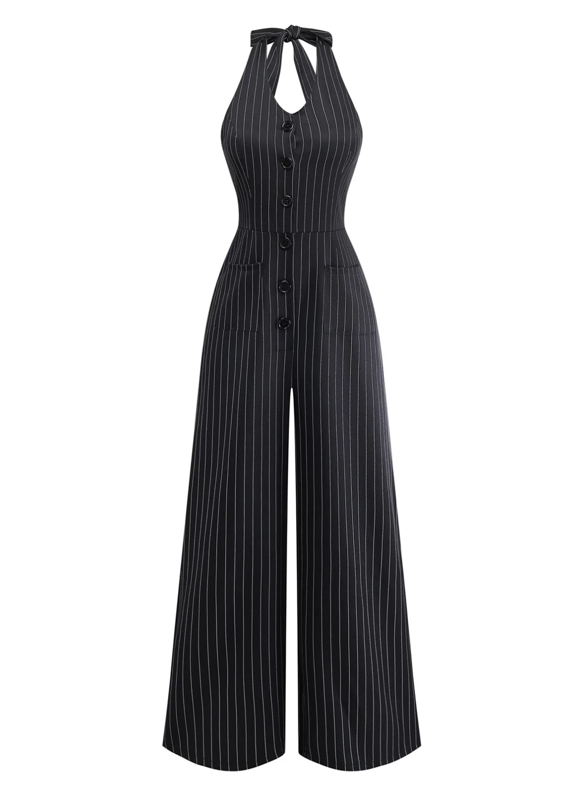 Black 1950s Sleeveless Pinstripe Halter Button Wide Leg Jumpsuit - Image 2