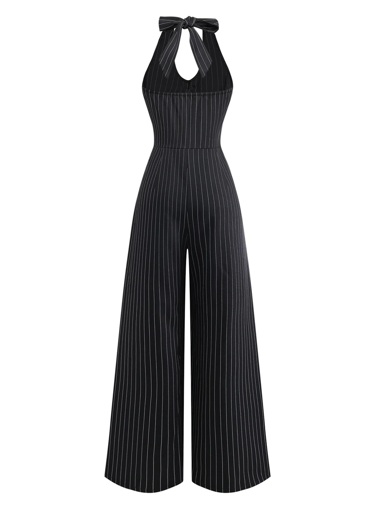 Black 1950s Sleeveless Pinstripe Halter Button Wide Leg Jumpsuit - Image 3