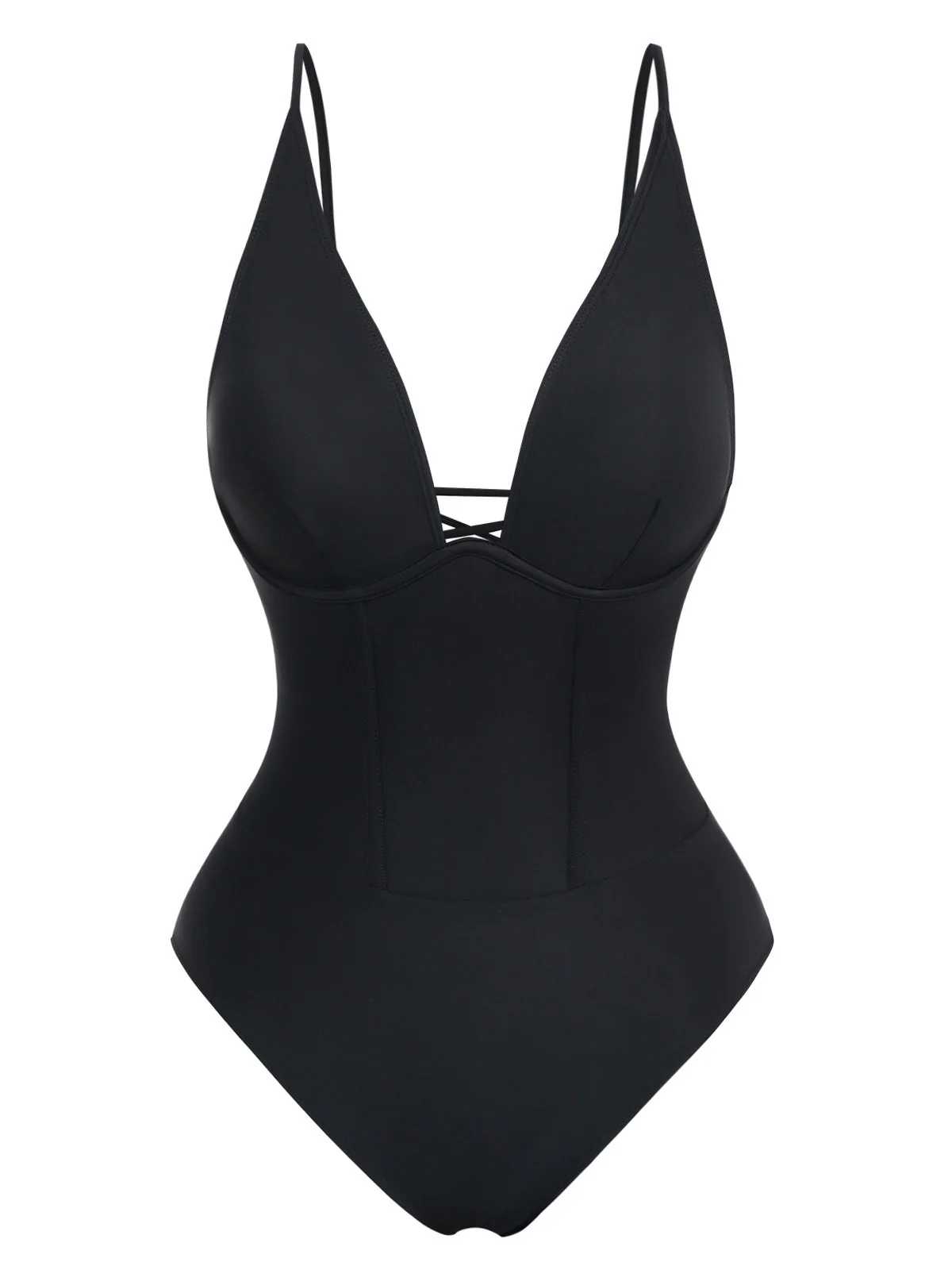 Black 1950s Solid Deep V Tummy Control One-Piece Swimsuit