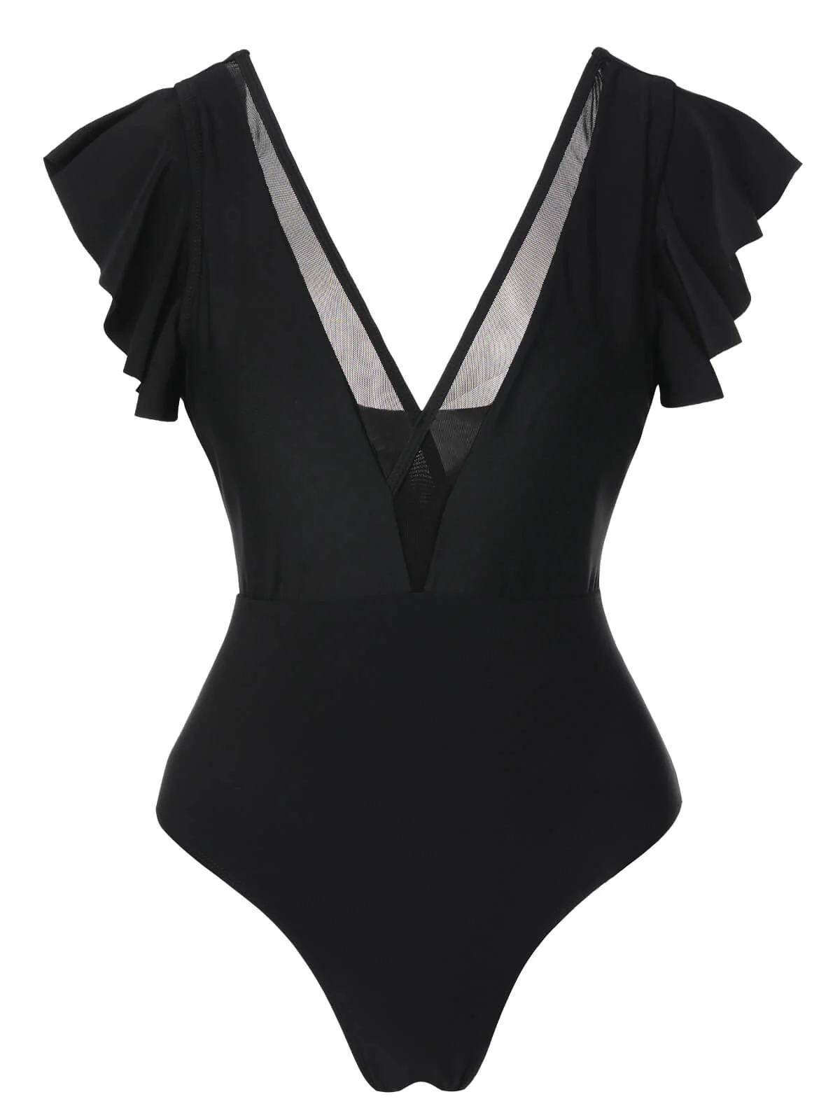 Black 1950s Solid Ruffle Sleeve One-Piece Swimsuit