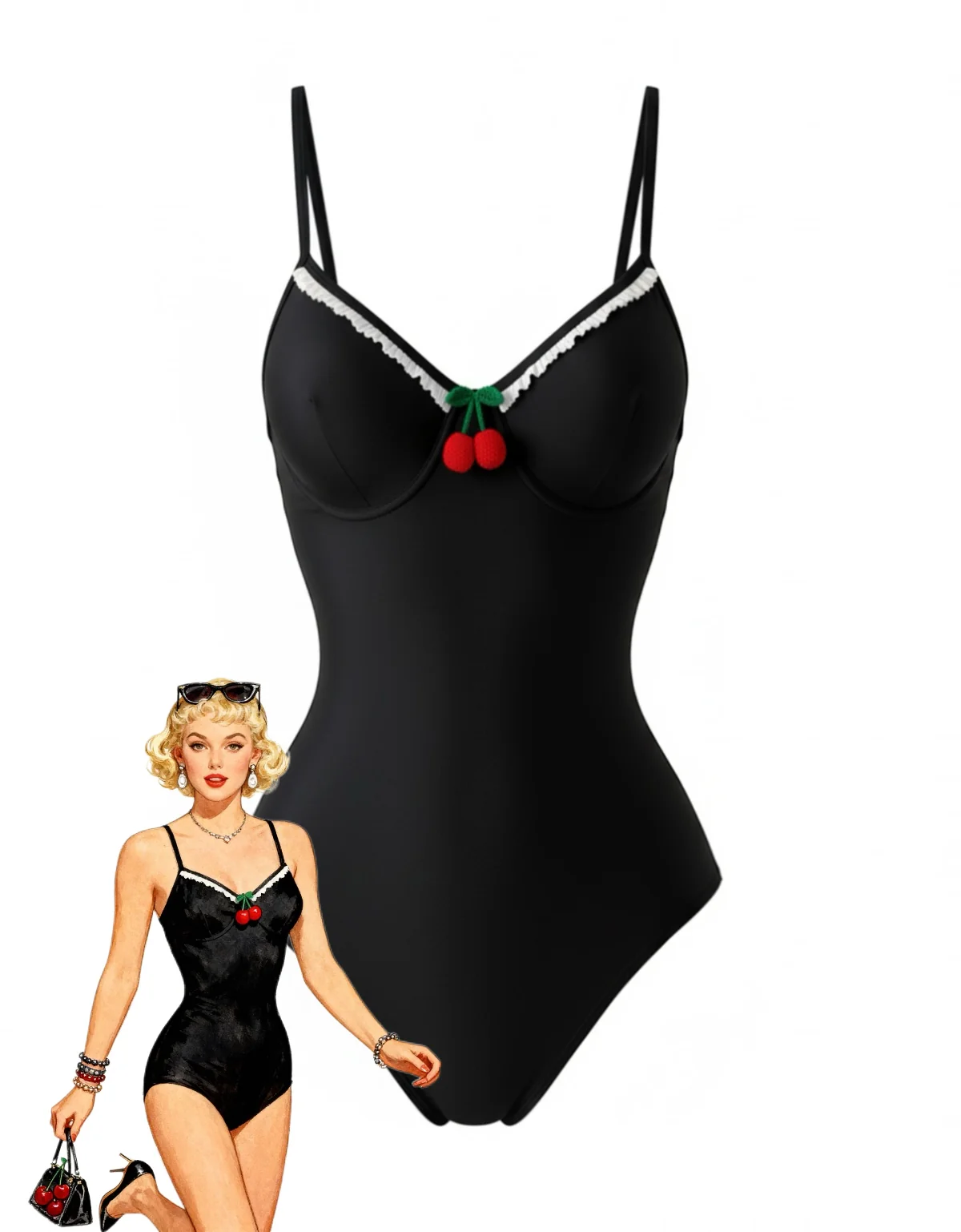 Black 1950s Spaghetti Strap 3D Cherry One-Piece Swimsuit