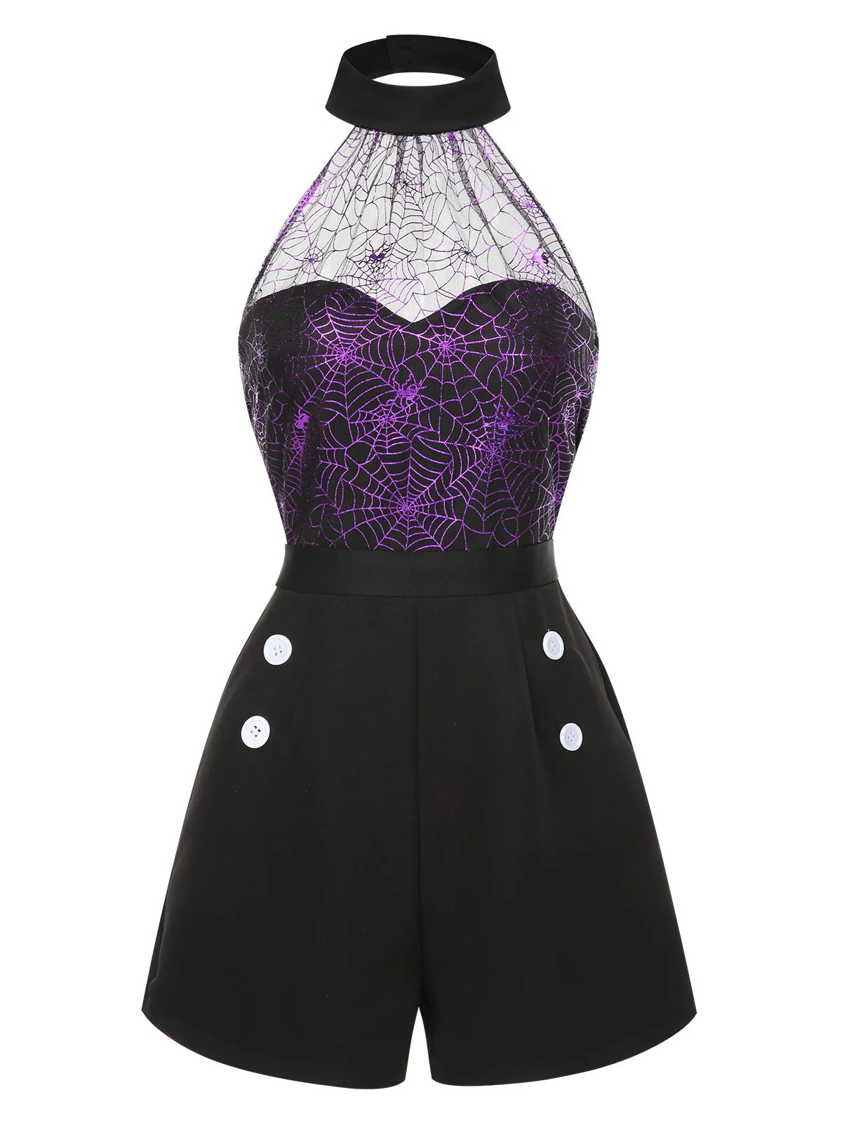 Black 1950s Spiderweb Laser Mesh Halter Romper - Image 2