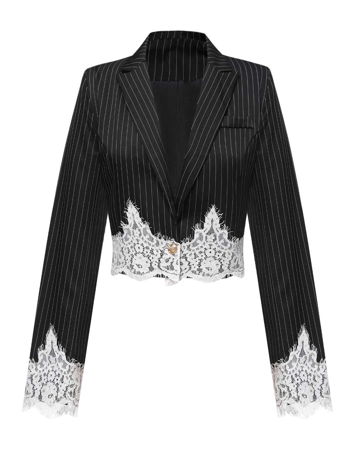 Black 1950s Stripes Lace Trim Cropped Blazer