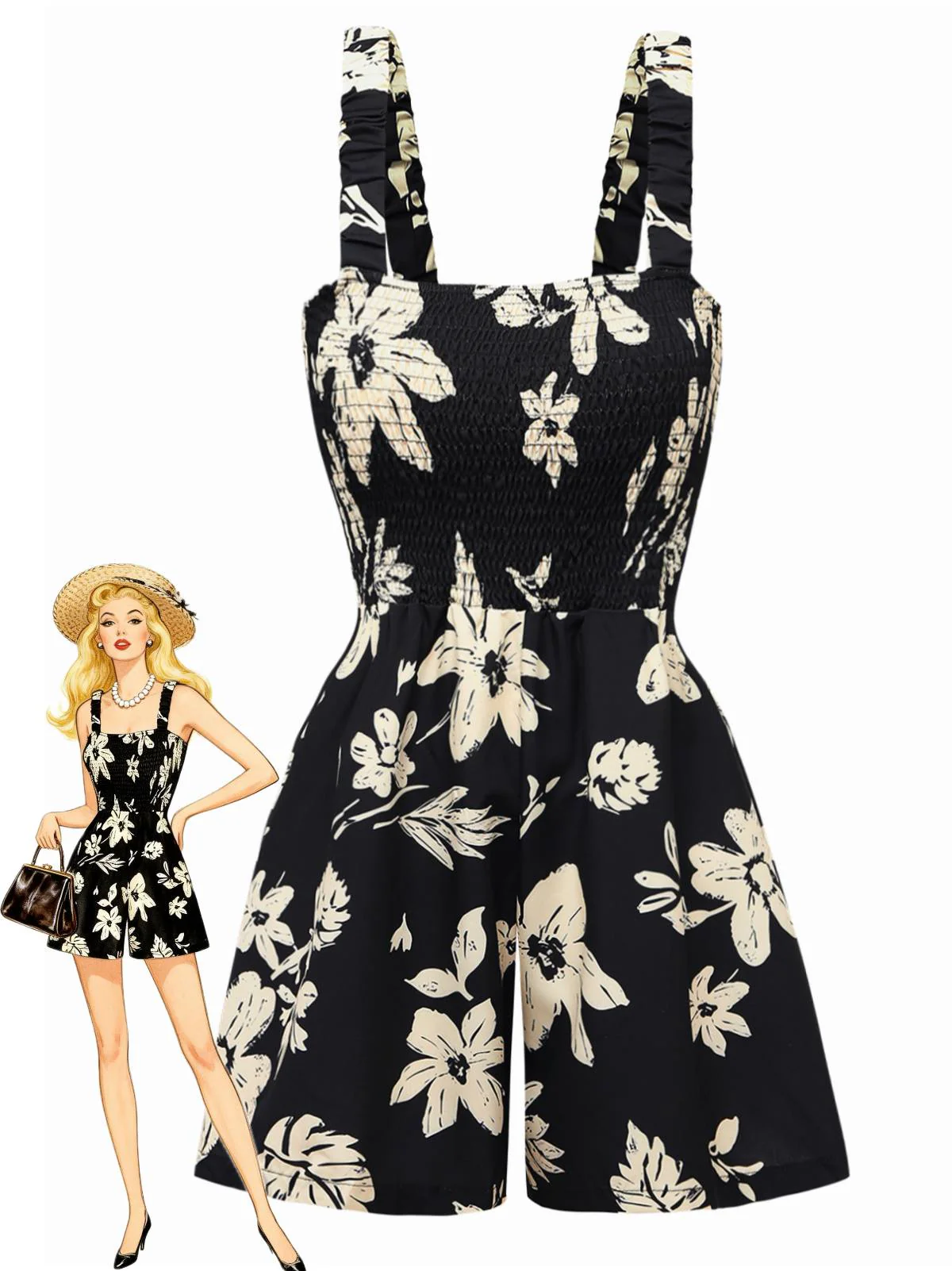 Black 1950s Tropical Botanical Print Square Neck Romper