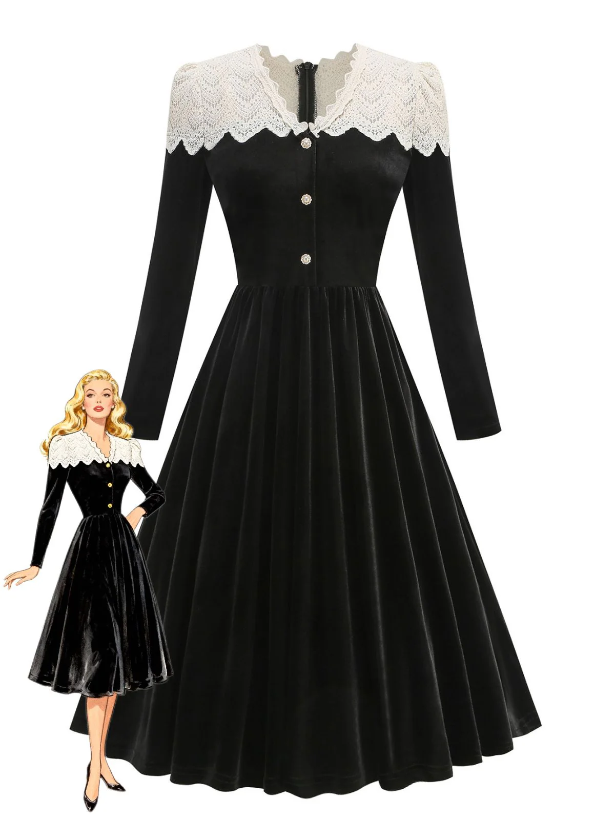 Black 1950s Velvet Knitted Collar Pearl Button Dress